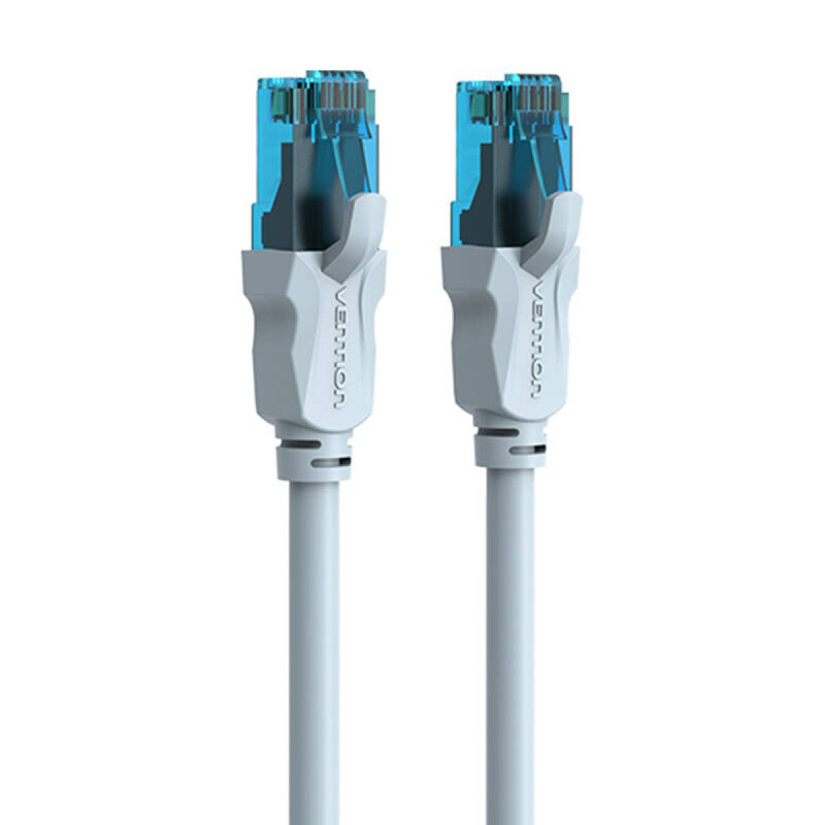 Due cavi di rete bianchi con connettori blu, sfondo bianco, marchio Vention.