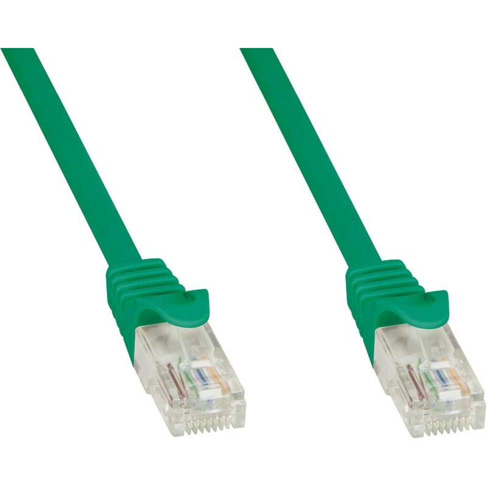 Due cavi di rete verdi con connettori RJ45 trasparenti su sfondo bianco.