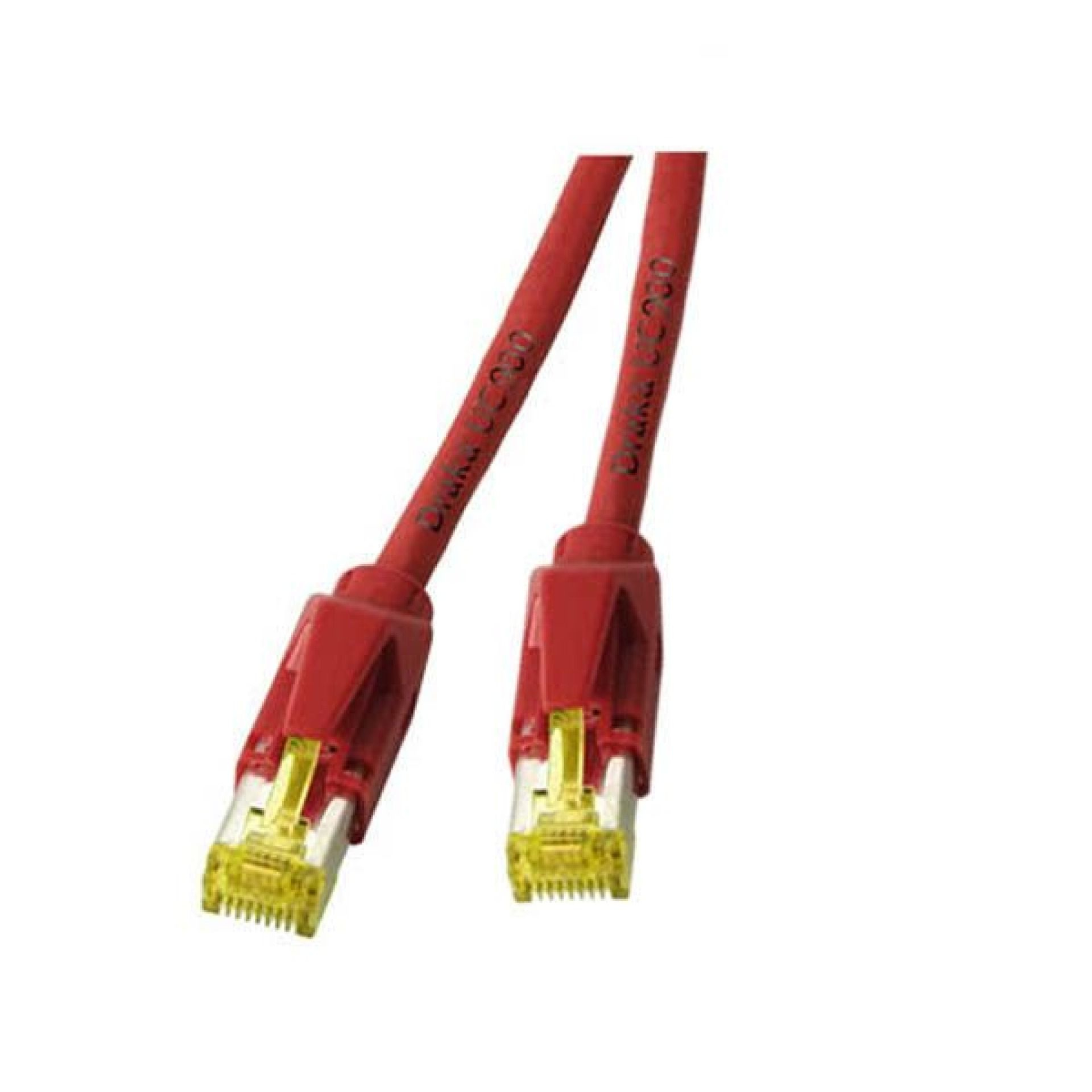 Due cavi Ethernet rossi con connettori gialli. Sfondo bianco.