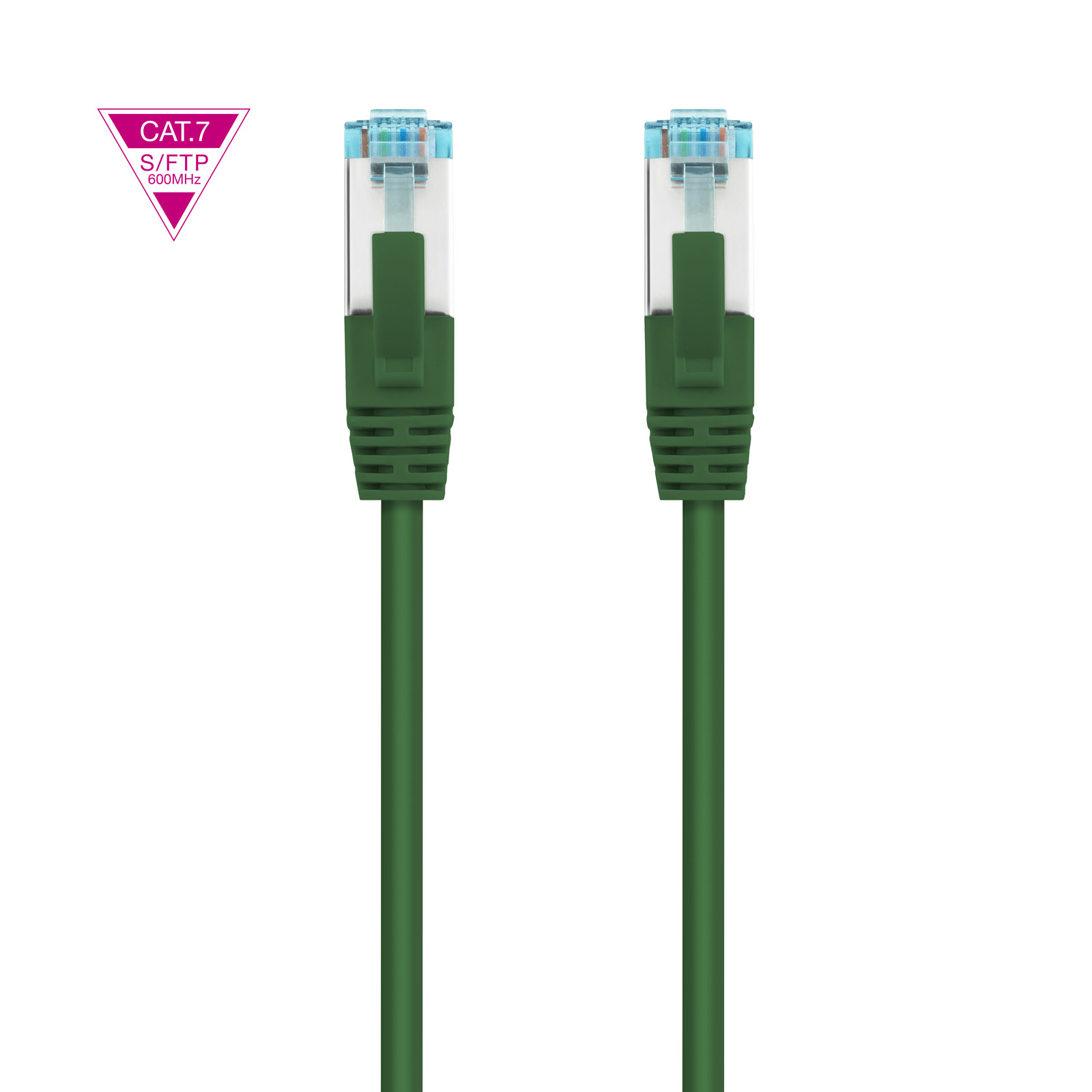 Due cavi Ethernet verdi, connettori a ciascuna estremità. Sfondo bianco. Etichetta: CAT.7.
