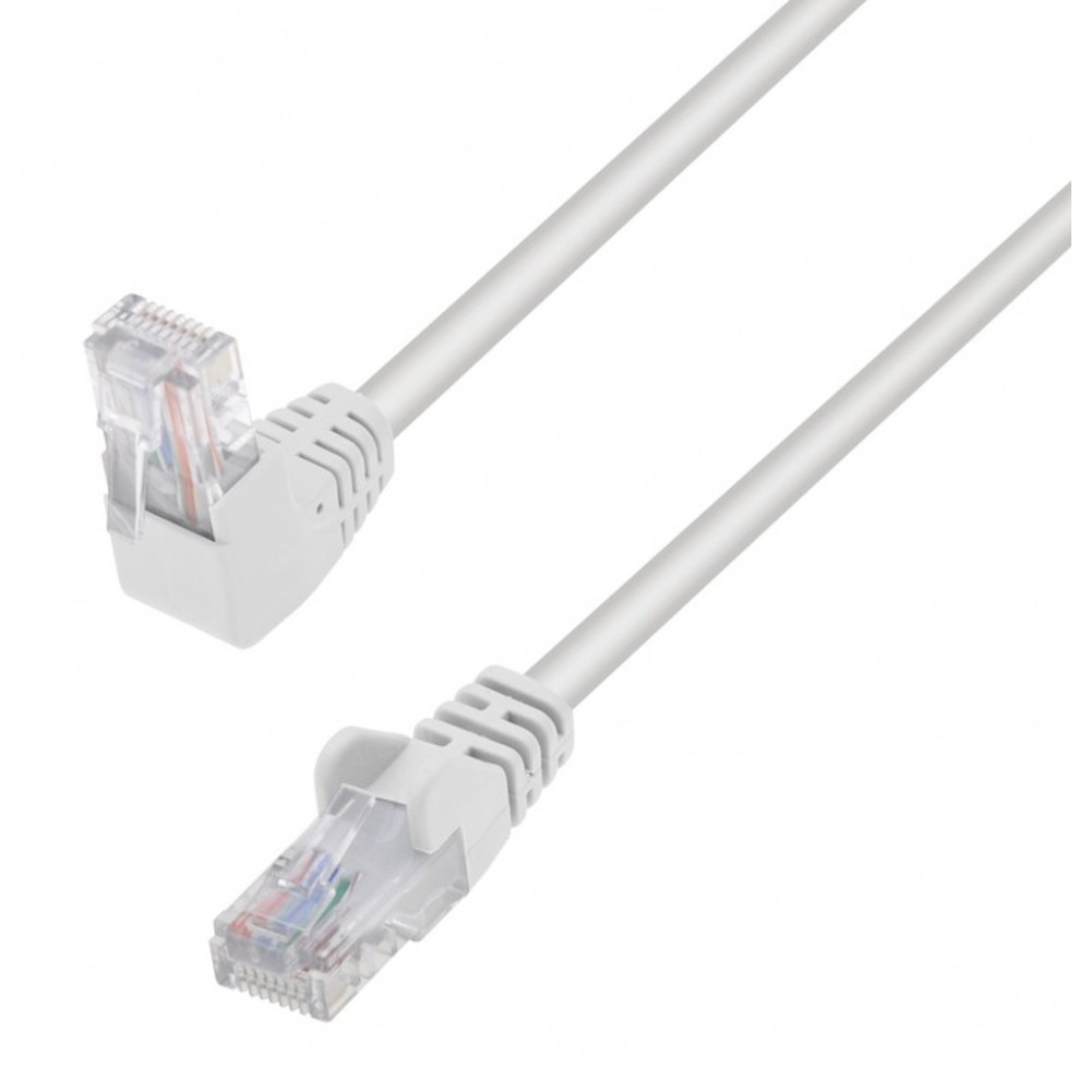 Cavo Ethernet bianco. Un'estremità ha un connettore a 90 gradi. Sfondo bianco.