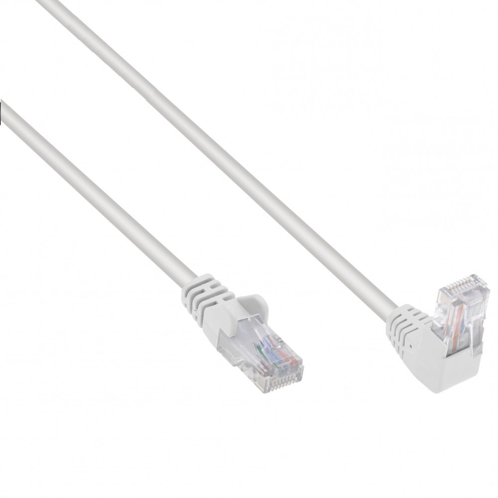 Due cavi Ethernet bianchi. Uno dritto, uno ad angolo. Connettori trasparenti, sfondo bianco.