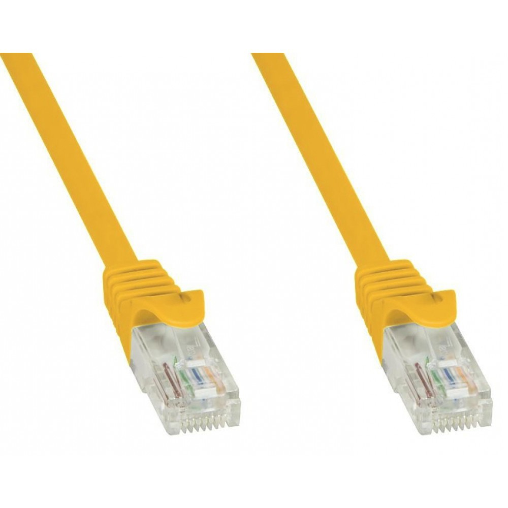 Twee gele Ethernet-kabels. Connectoren zichtbaar, schuine weergave, witte achtergrond.
