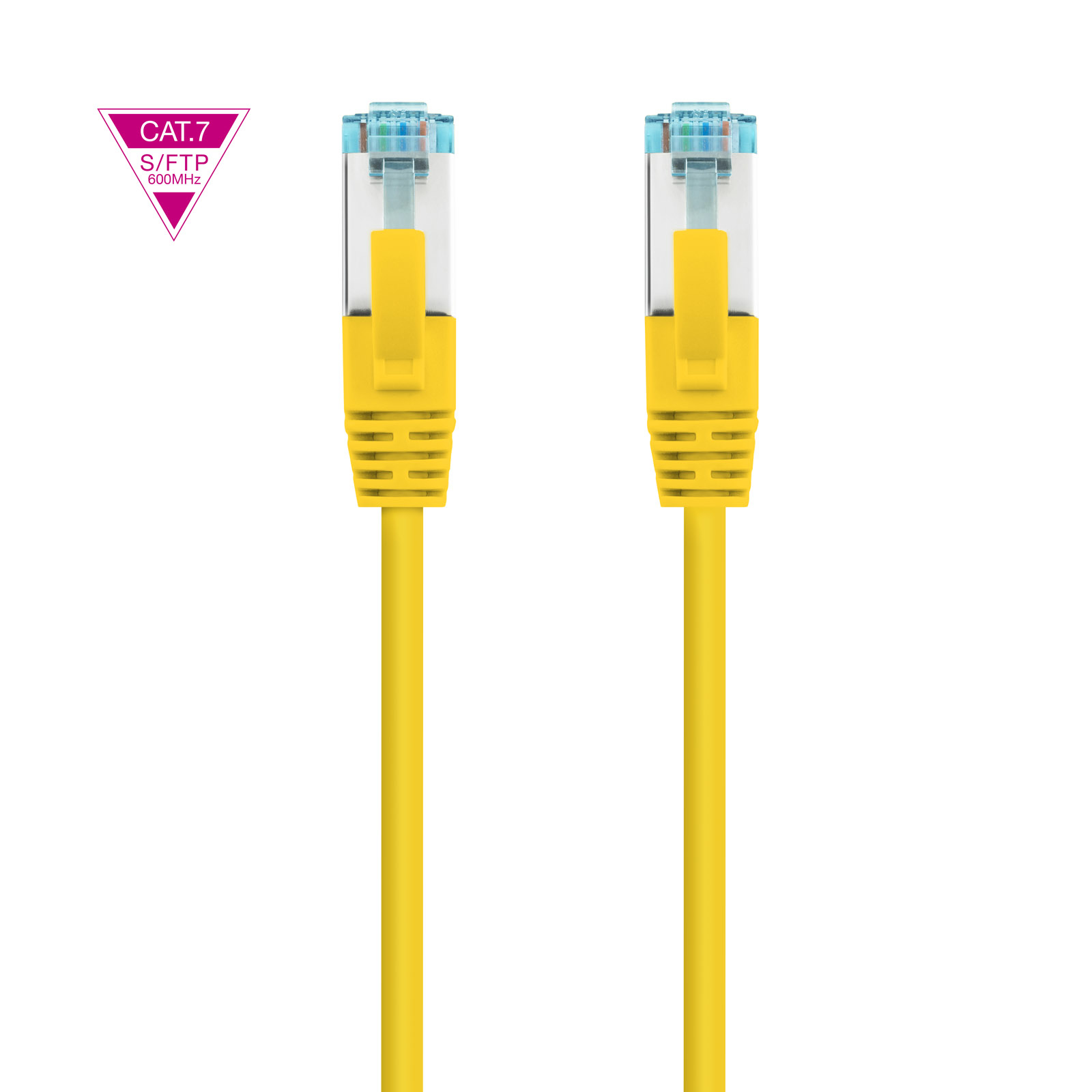 Due cavi RJ45 gialli con connettori trasparenti e un'etichetta CAT.7 sullo sfondo.