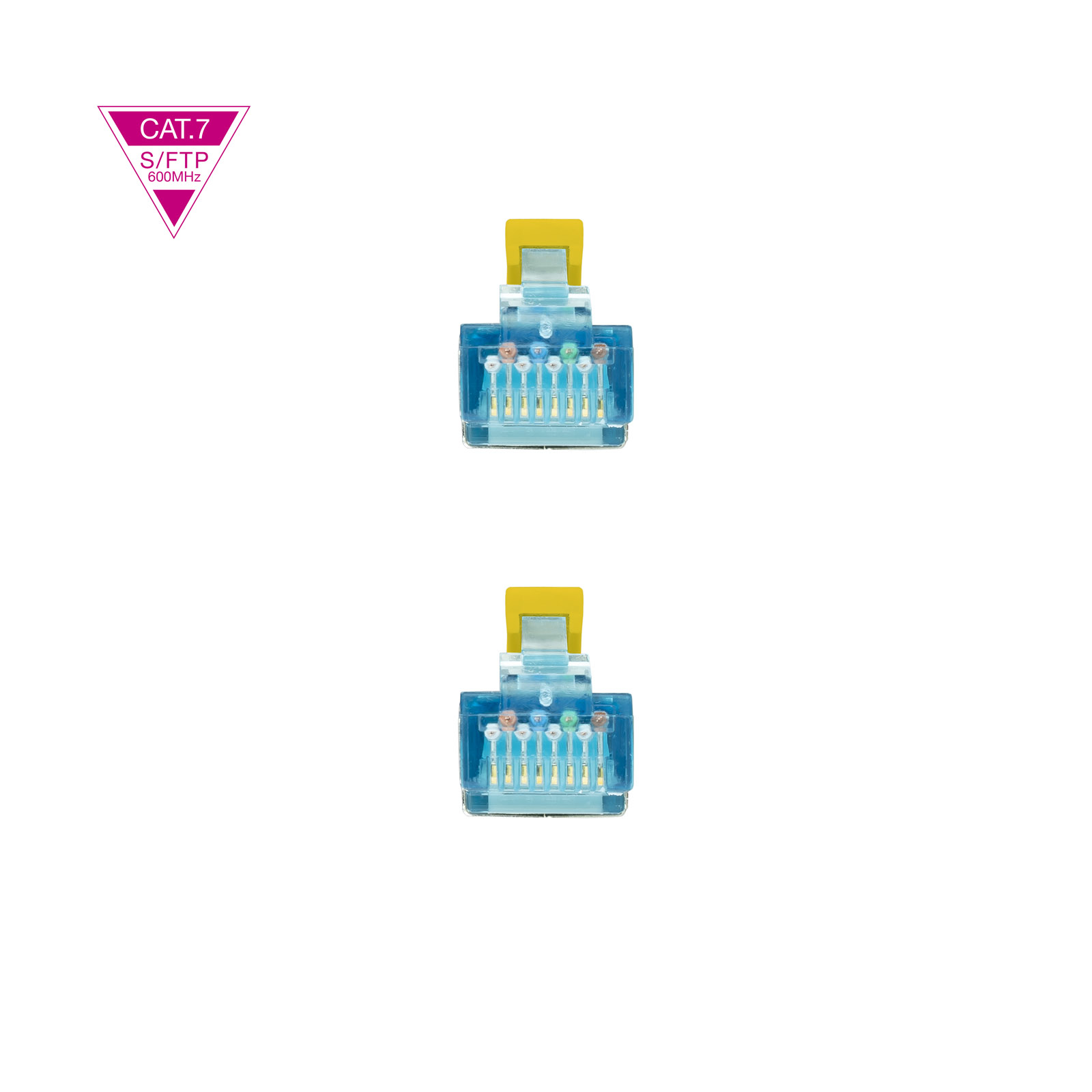 Due connettori RJ45 blu con linguette gialle. Un'etichetta CAT.7 sullo sfondo.