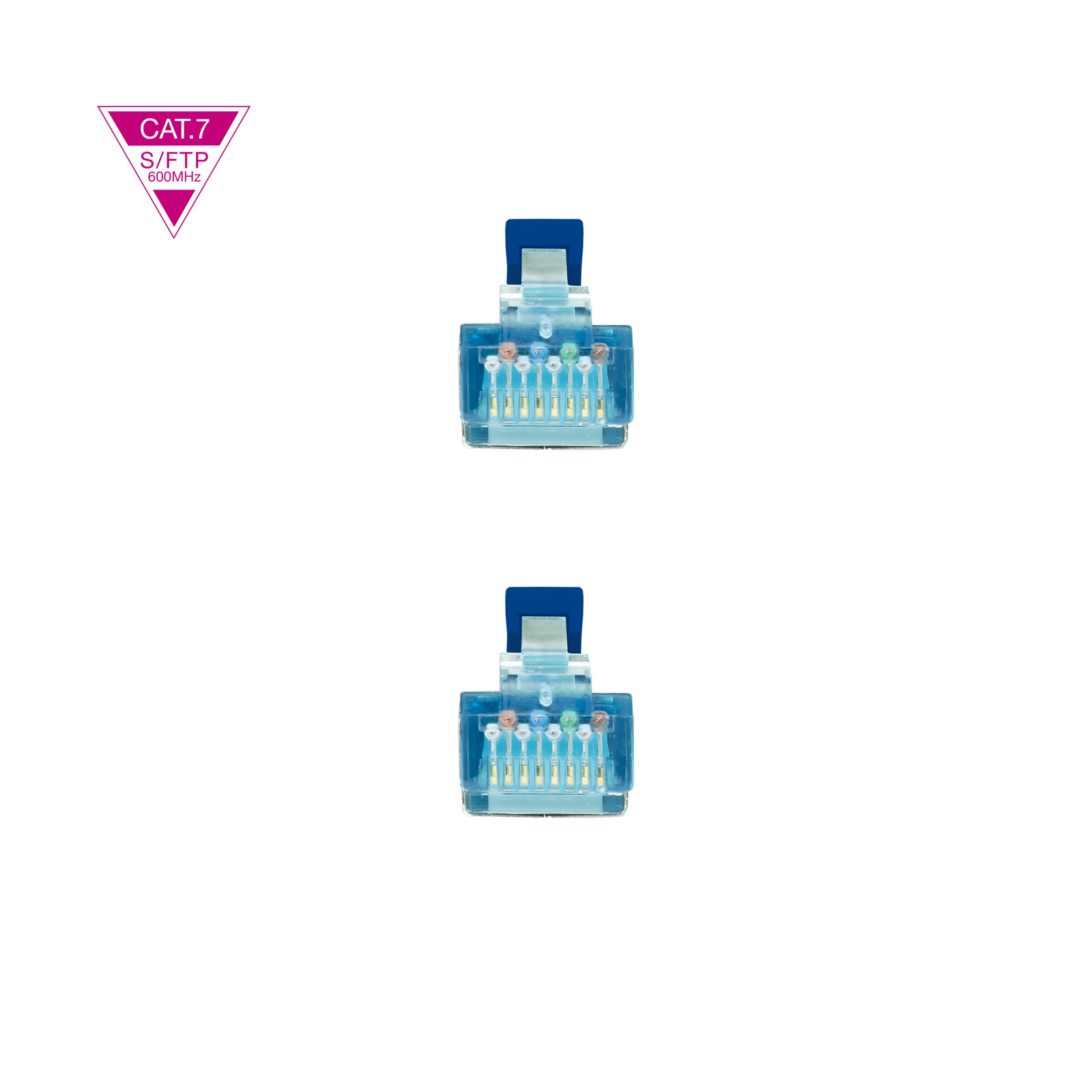Due connettori Ethernet blu su sfondo bianco, ognuno con pin visibili.