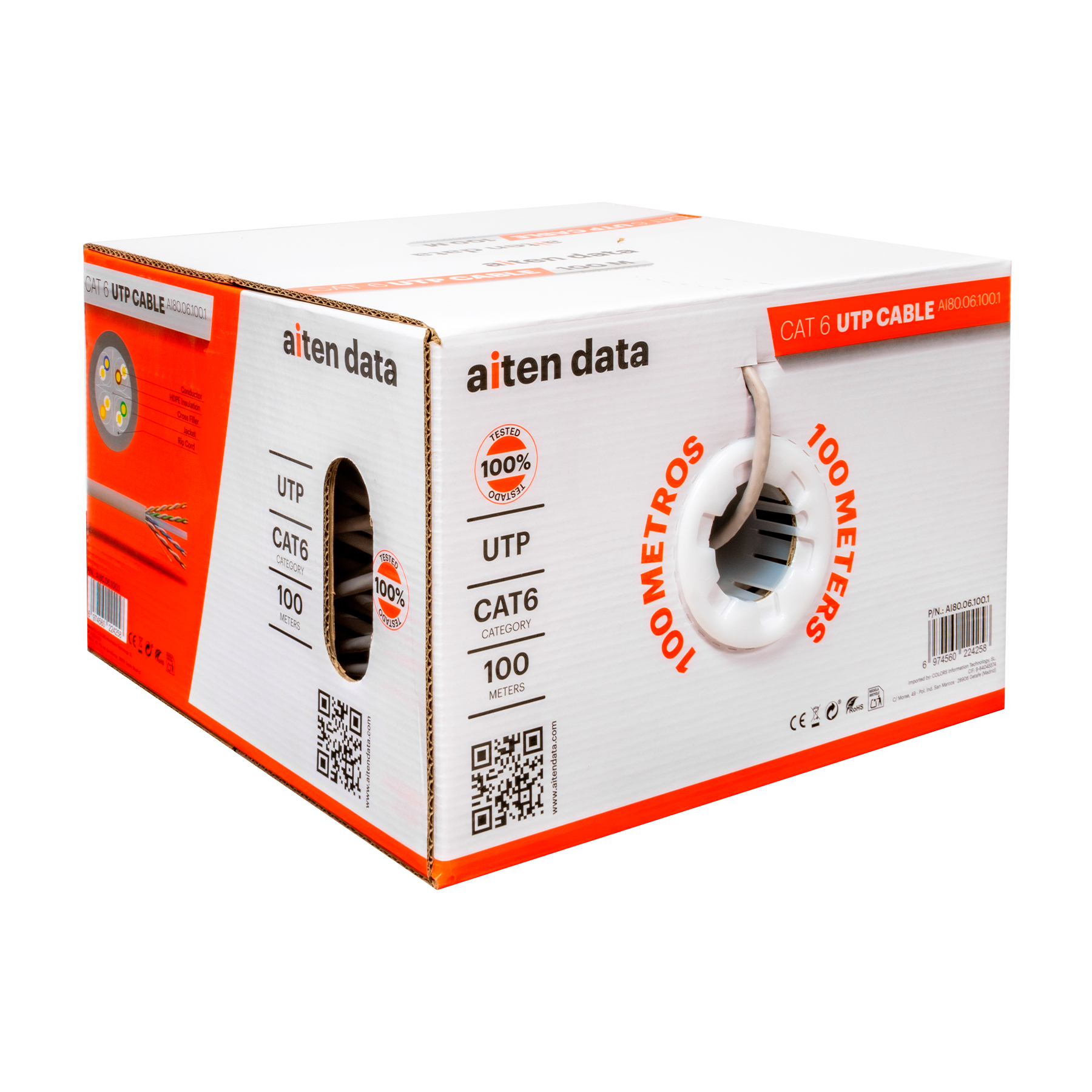 Scatola di cavo UTP CAT 6 aiten data, sfondo bianco, codici QR visibili.