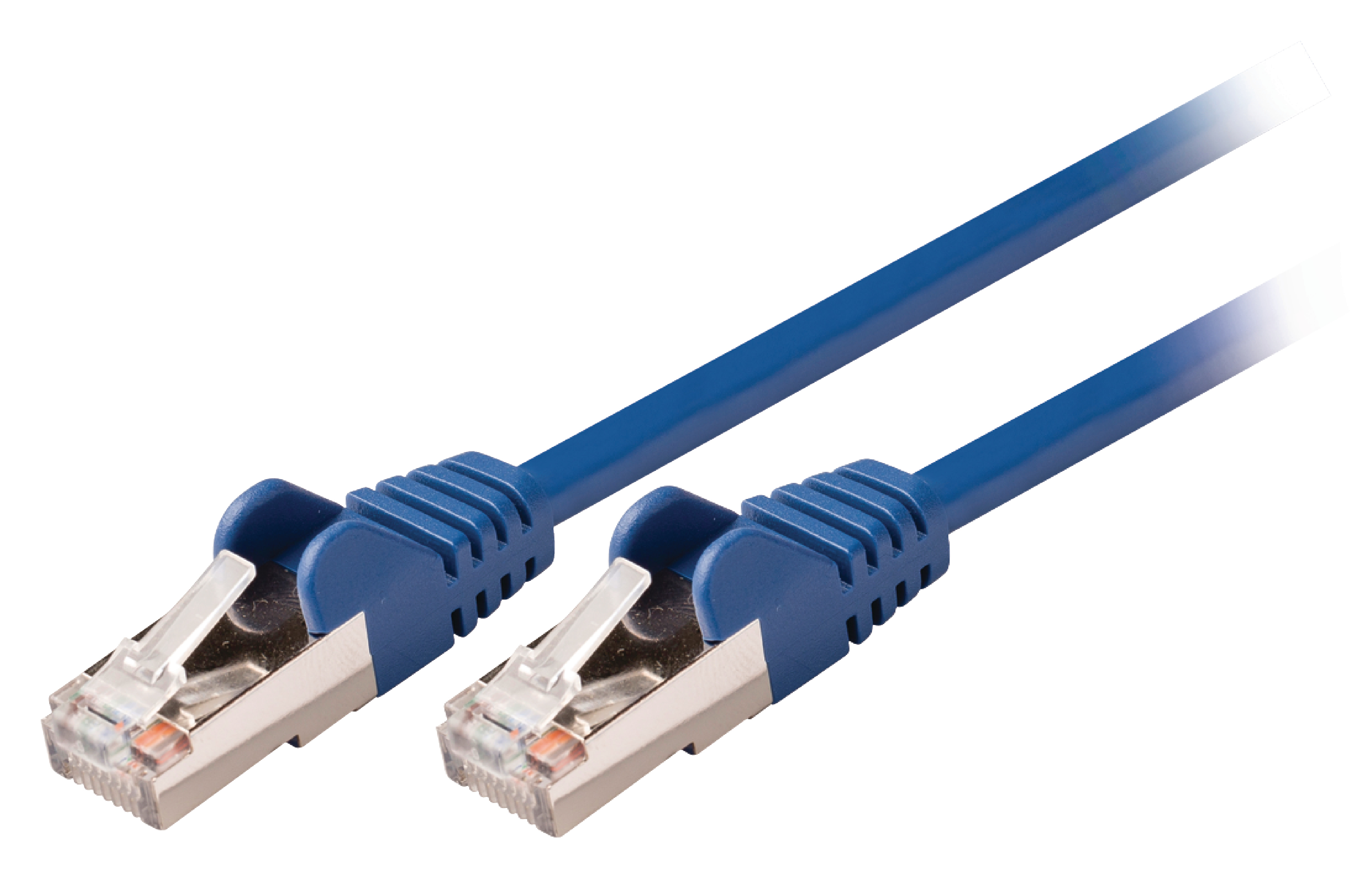 Due cavi di rete blu con connettori RJ45. Plastica trasparente, estremità metalliche, sfondo bianco.