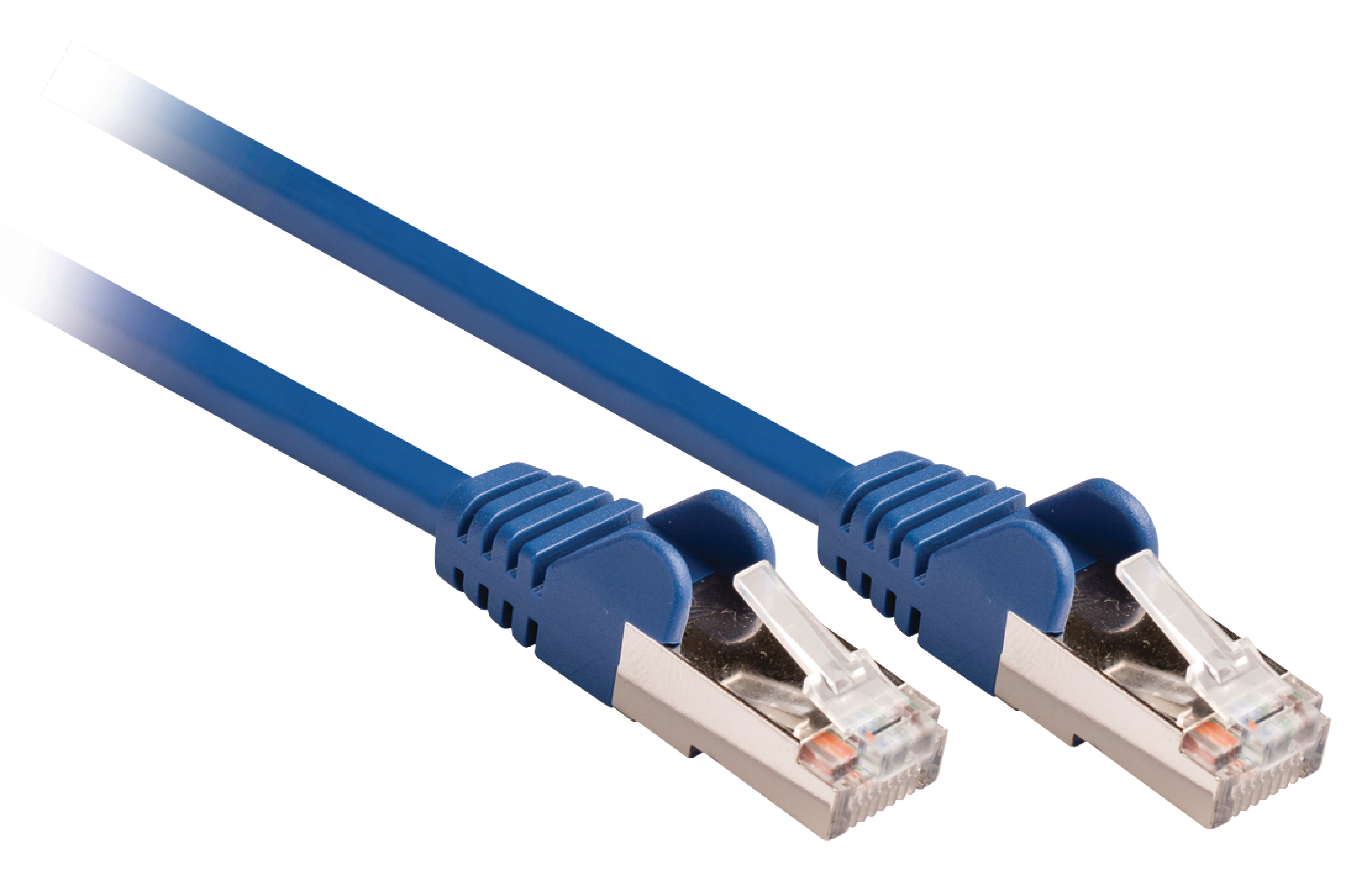Due cavi di rete blu con connettori RJ45, vista angolata, su sfondo bianco.