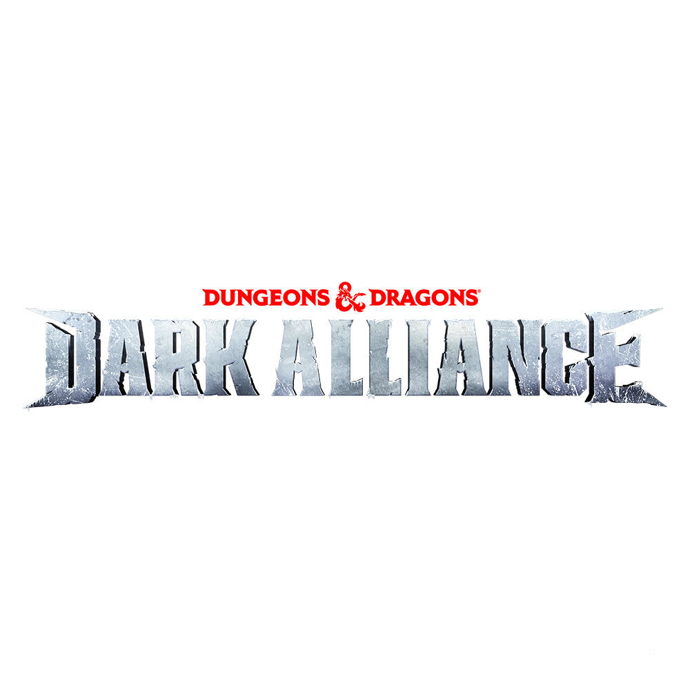 Logo Dungeons & Dragons Dark Alliance w kolorze białym. Czerwone logo smoka nad tekstem.