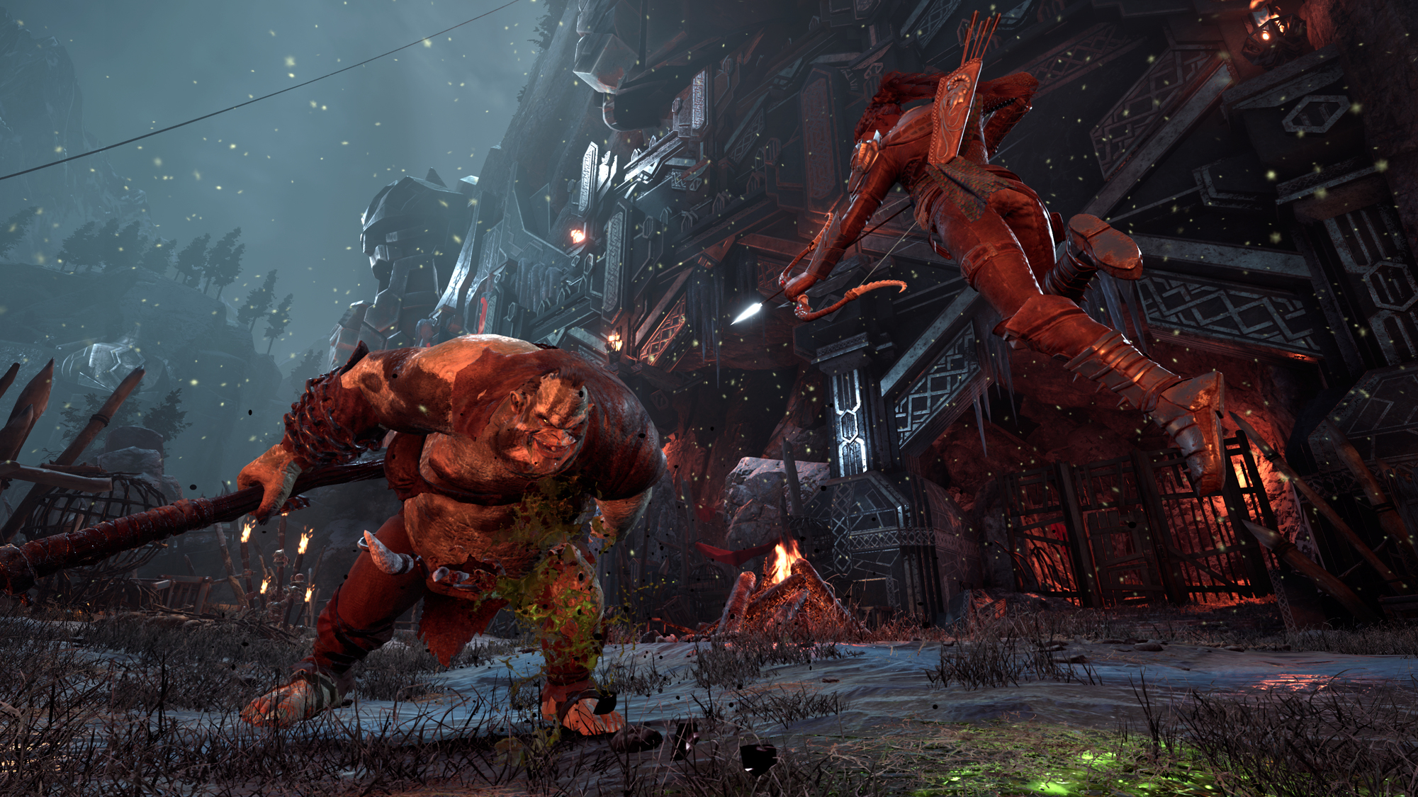 Scena bitwy z wojownikiem i łucznikiem. Jeden wojownik leży na ziemi.