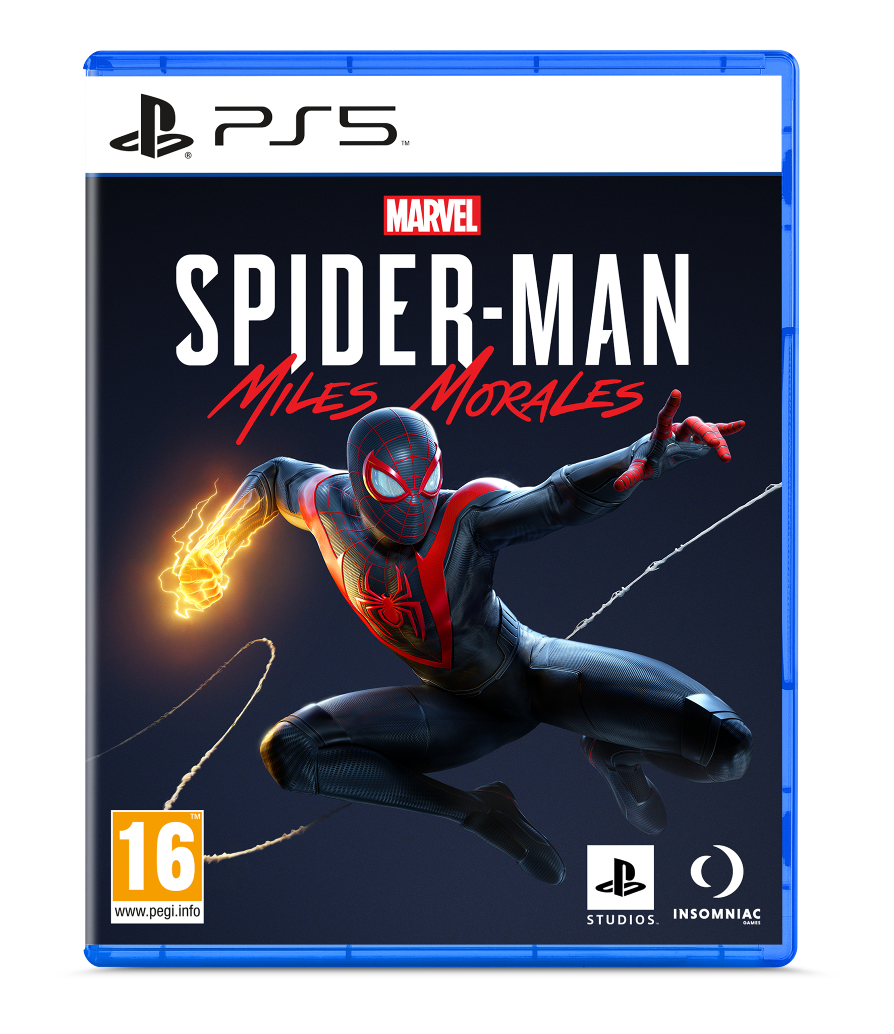 Custodia del gioco PS5 per Spider-Man: Miles Morales. Spiderman sulla copertina. Sfondo blu.