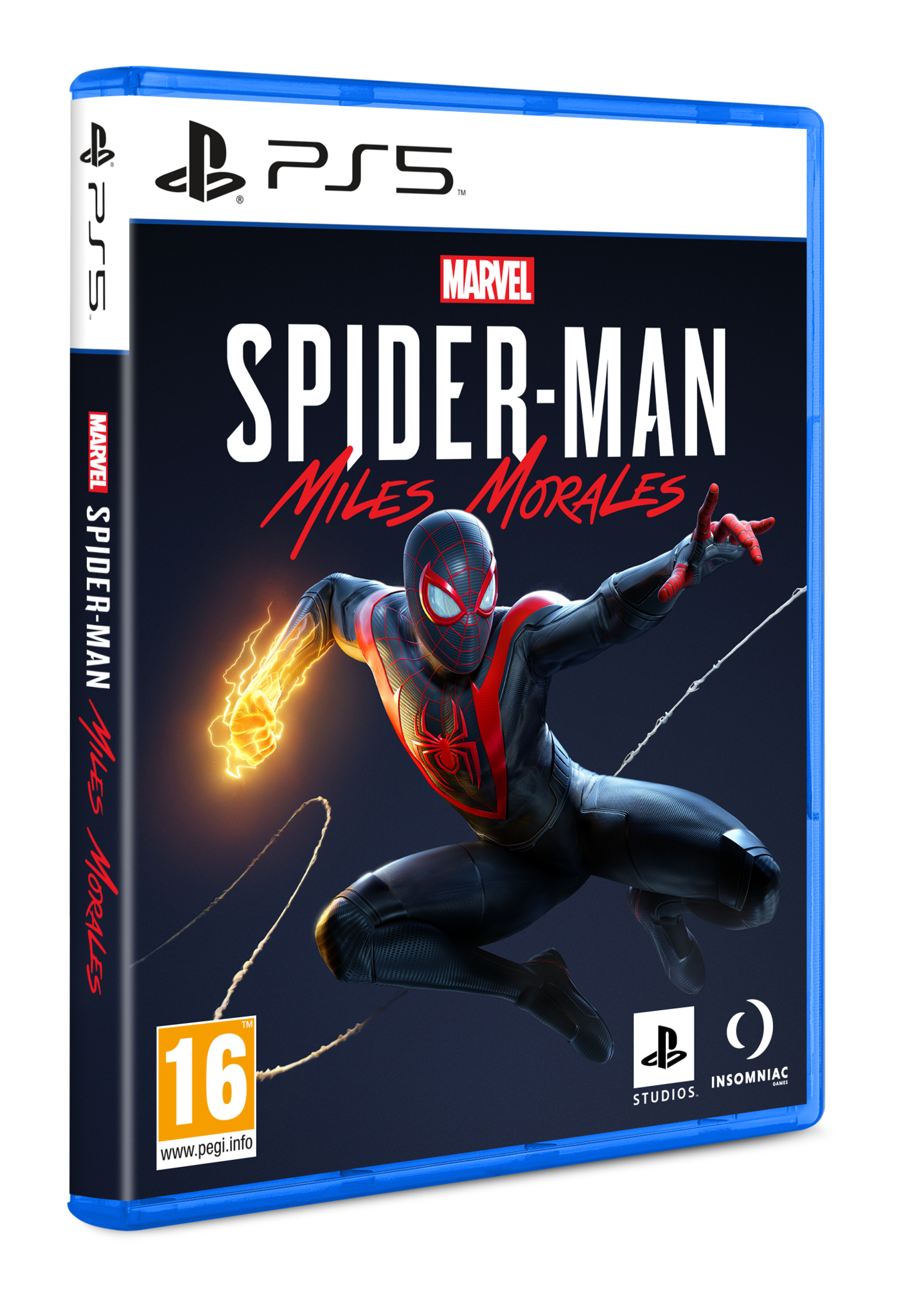 Scatola del gioco PS5, Spider-Man: Miles Morales. Custodia blu, immagine del personaggio.