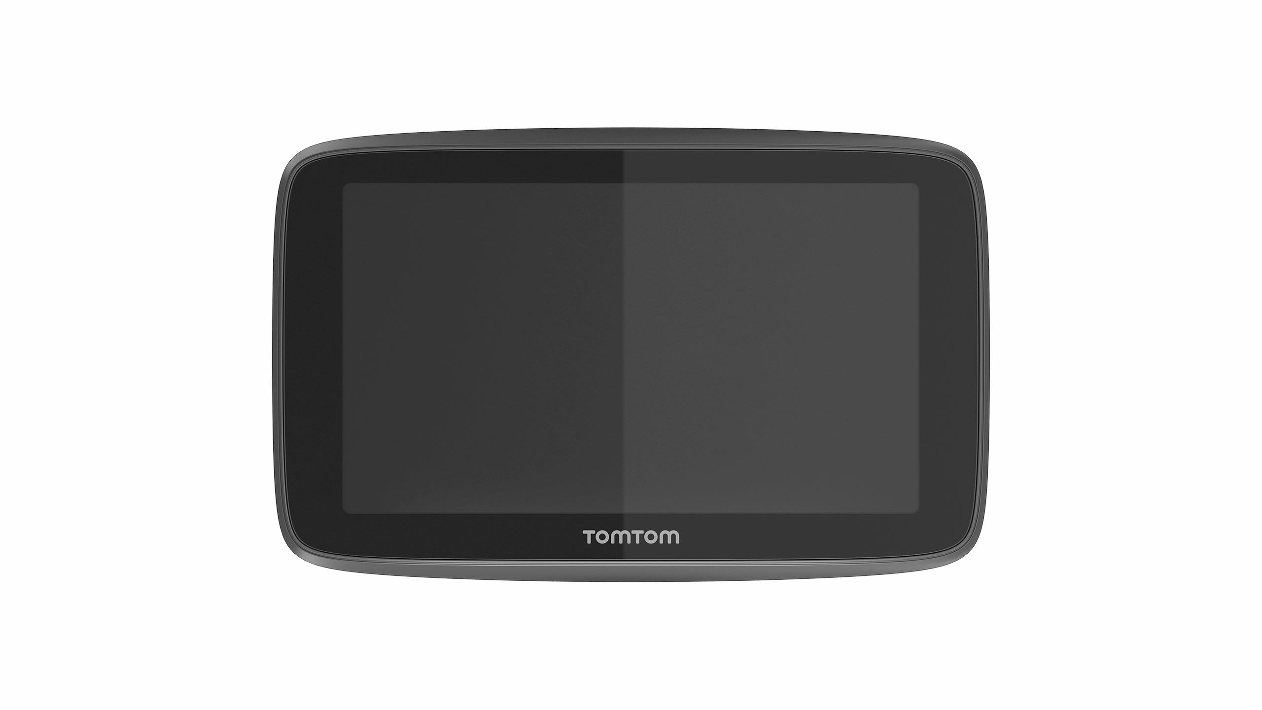 GPS-Gerät, Vorderansicht, TomTom-Logo sichtbar. Schwarzer Bildschirm und Rahmen. Weißer Hintergrund.