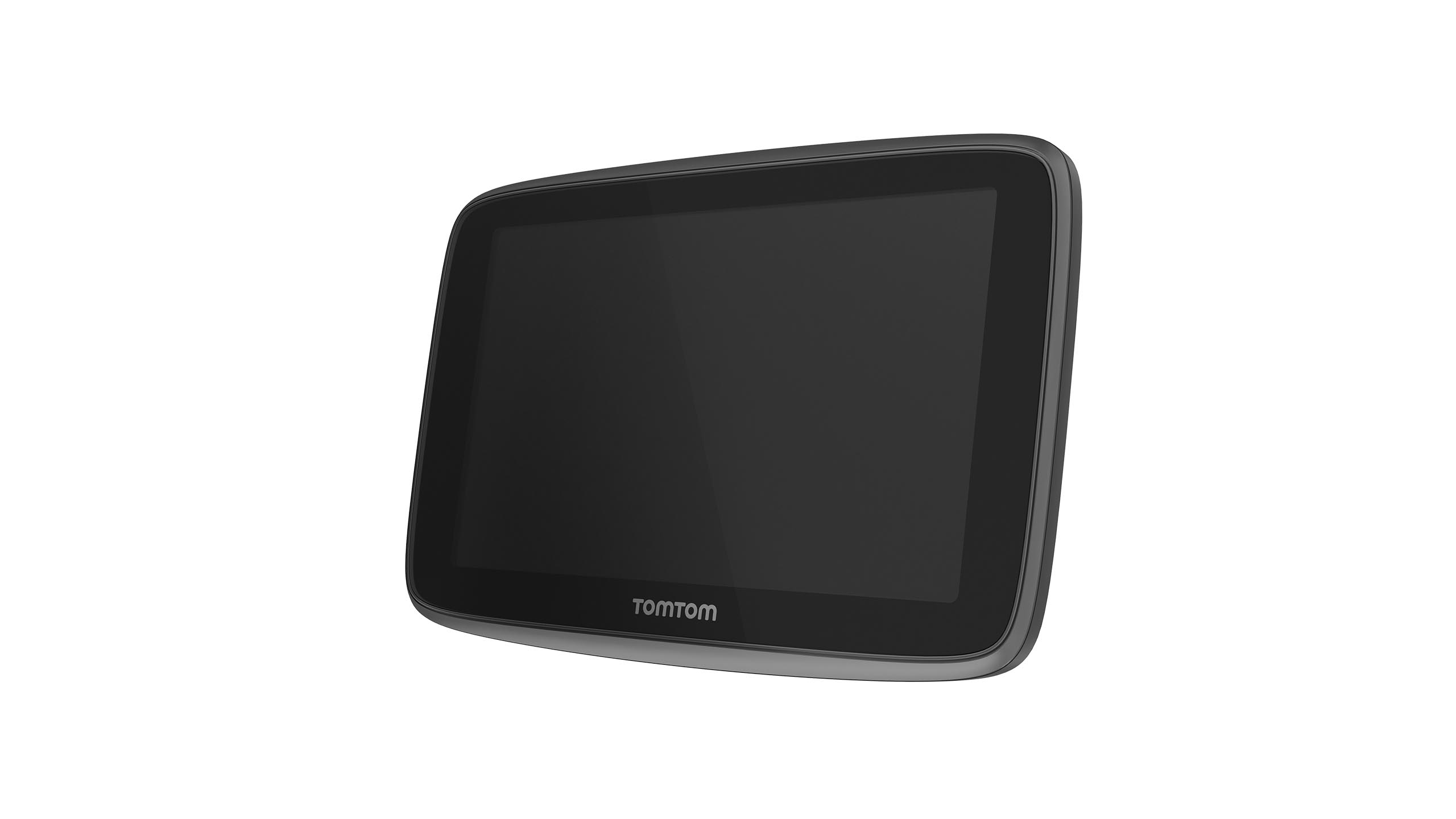 GPS-Gerät, Vorderansicht, TomTom-Logo sichtbar. Schwarzer Bildschirm und Rahmen. Weißer Hintergrund.