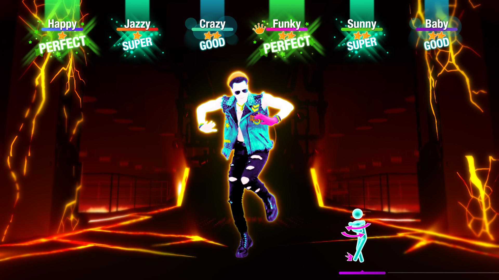 Una persona balla su un palco con effetti basati sul gioco "Just Dance".