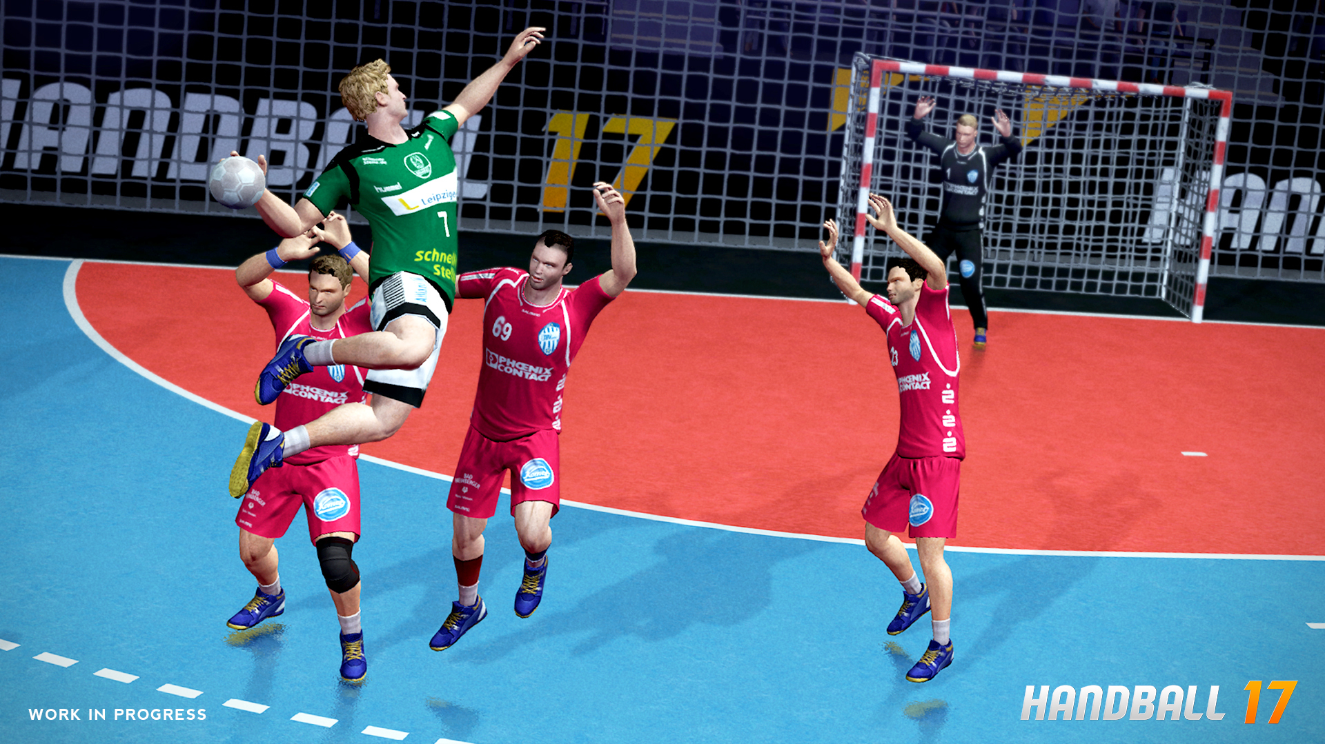 Handballspielszene mit Spielern in Aktion, rote und grüne Trikots.
