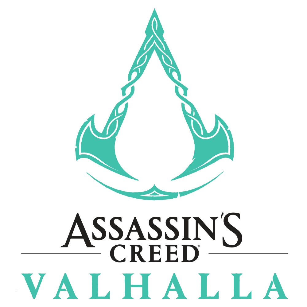 Logo Assassin's Creed Valhalla. Turkusowy emblemat, czarny tekst, białe tło. Tytuł gry jest wyraźnie wyświetlany.