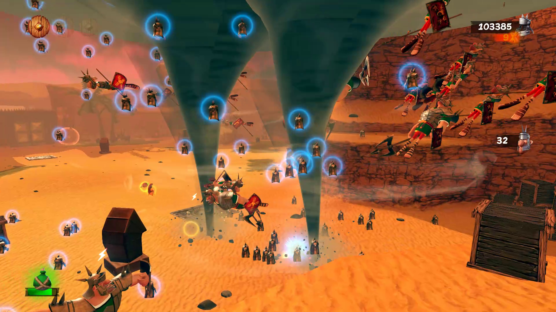 Wojownicy w zbrojach latający w tornadzie. Inni wojownicy na ziemi. Pustynne tło.