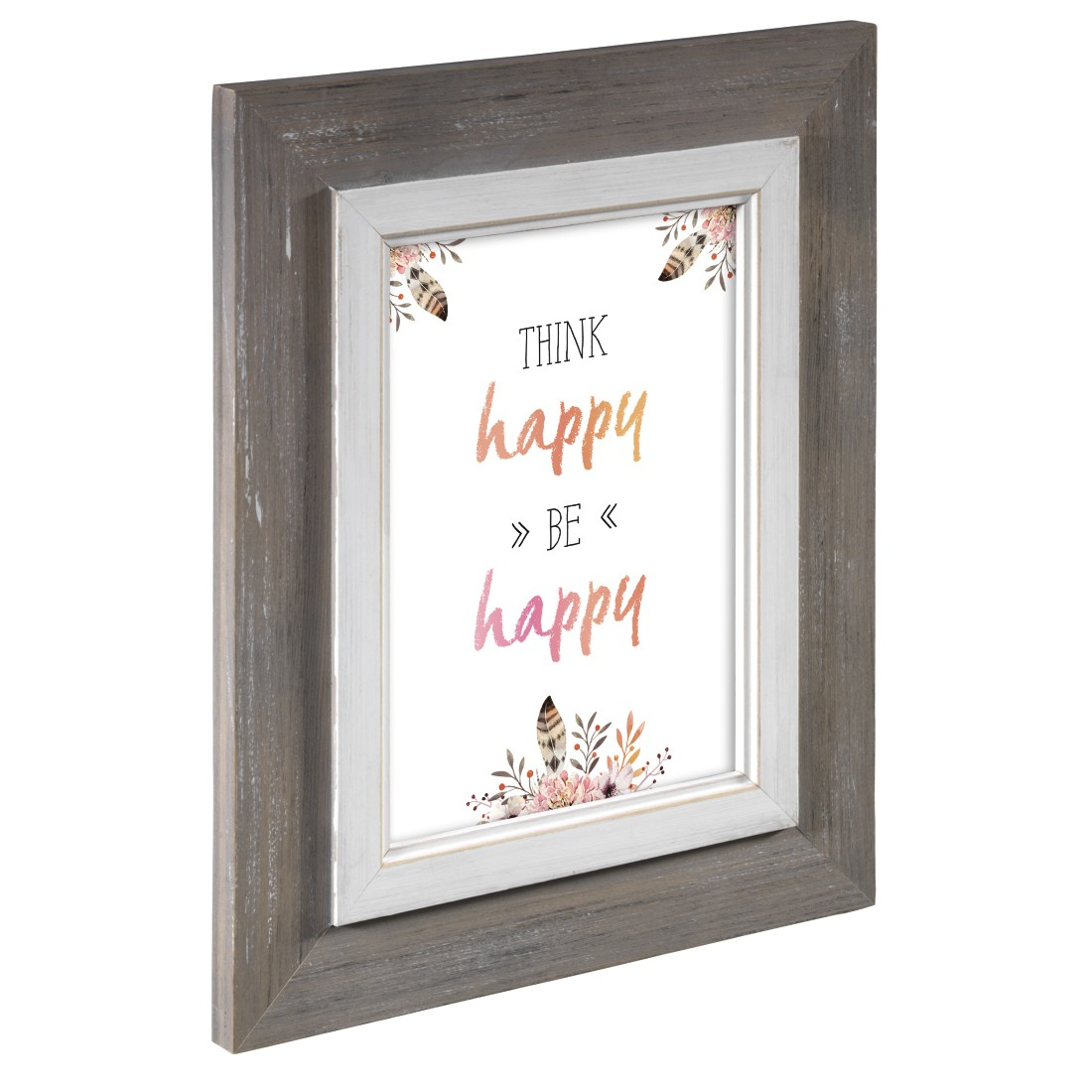 Ein gerahmter Druck mit der Aufschrift 'Think happy, be happy' mit Blumenschmuck.