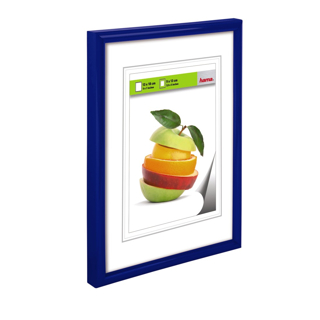 Ein blau gerahmtes Bild mit einem Obststapel. Äpfel, Orangen und Zitrone.