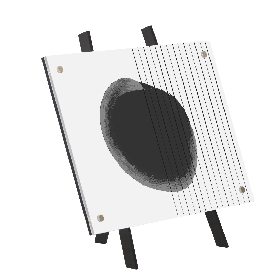 Un dipinto astratto con un ovale nero e linee su sfondo bianco.