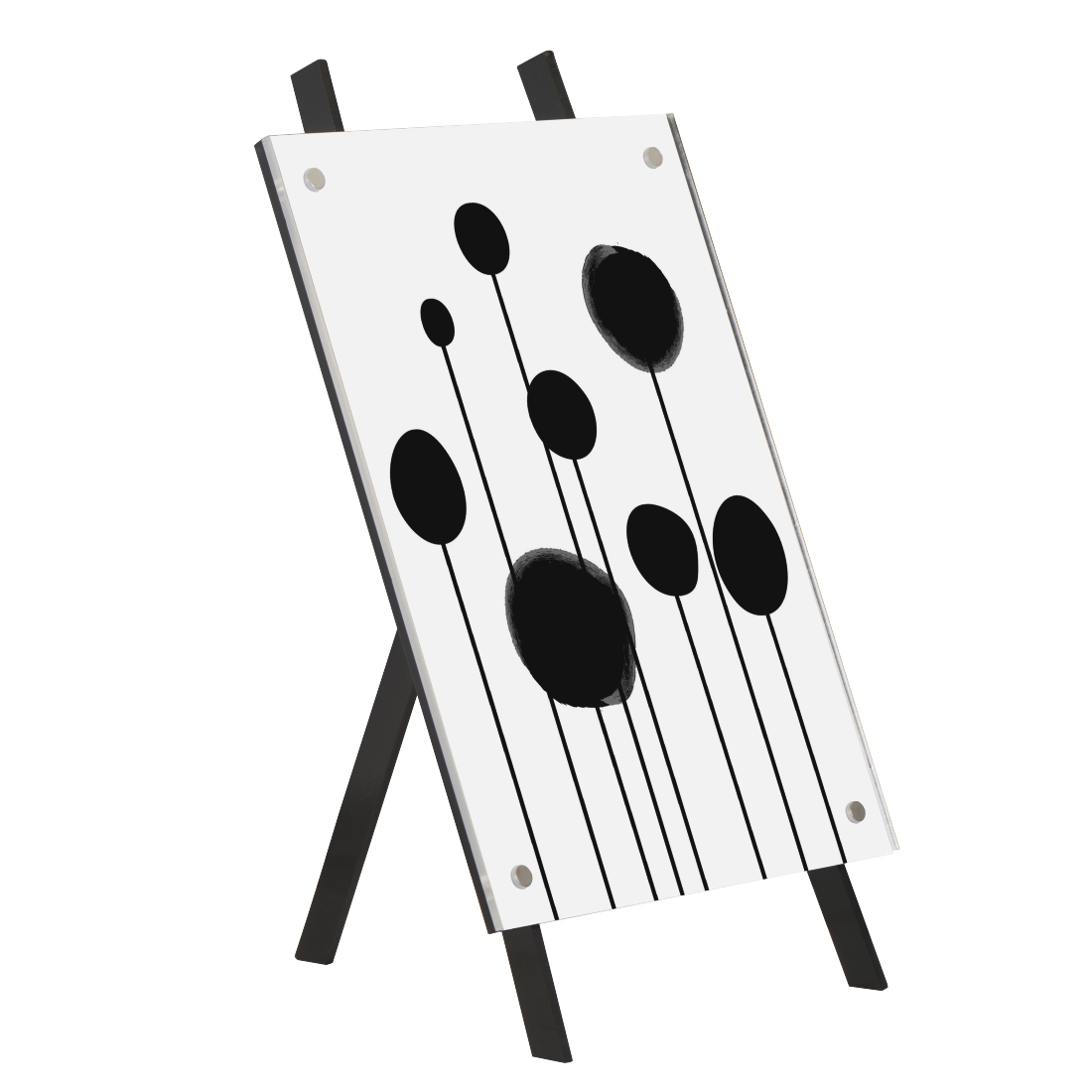 Obraz na stojaku z czarnymi liniami i kołami na białym tle.