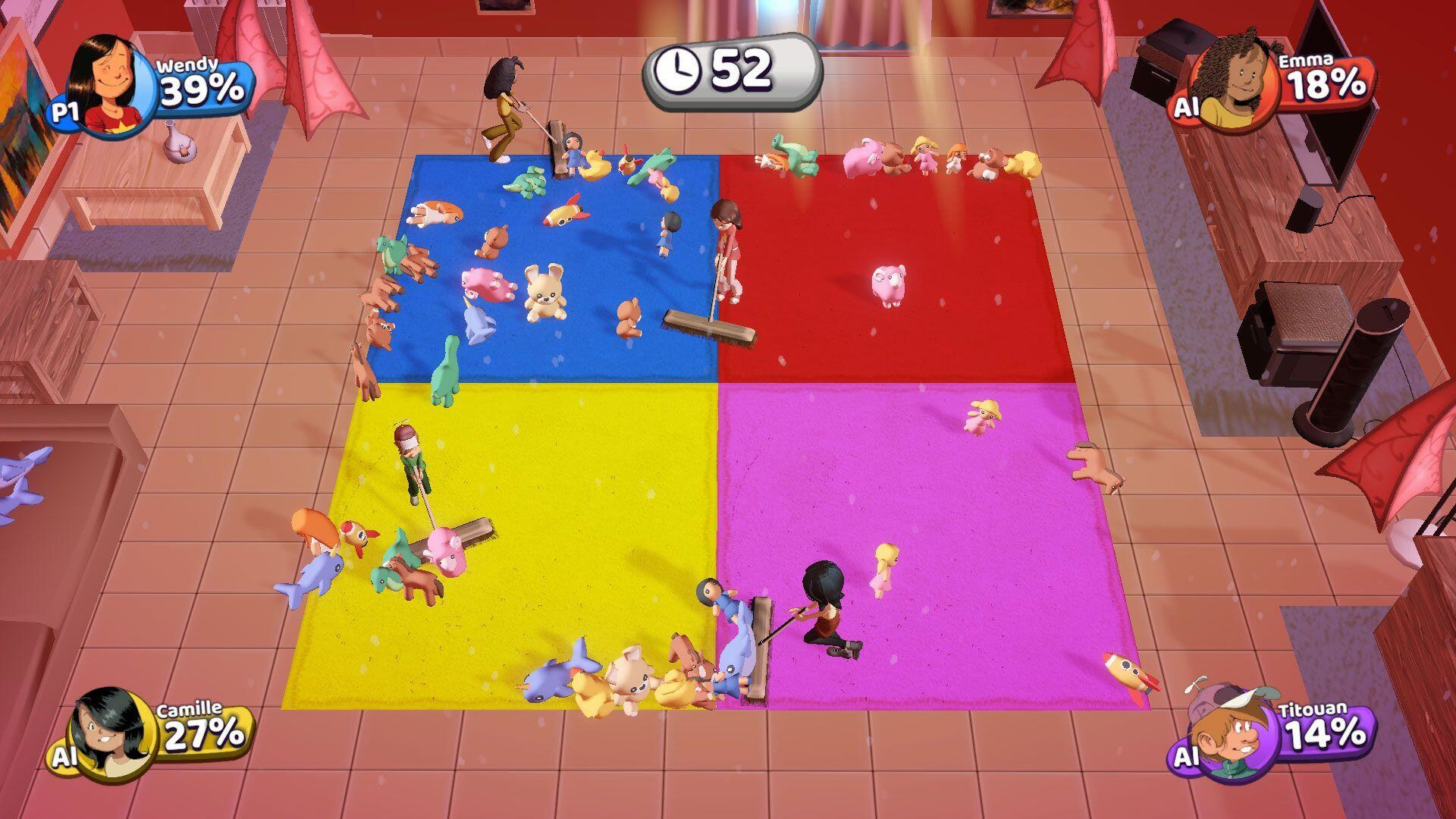 Ein bunter Spielbildschirm mit vier Charakteren um Quadrate voller Spielzeug.