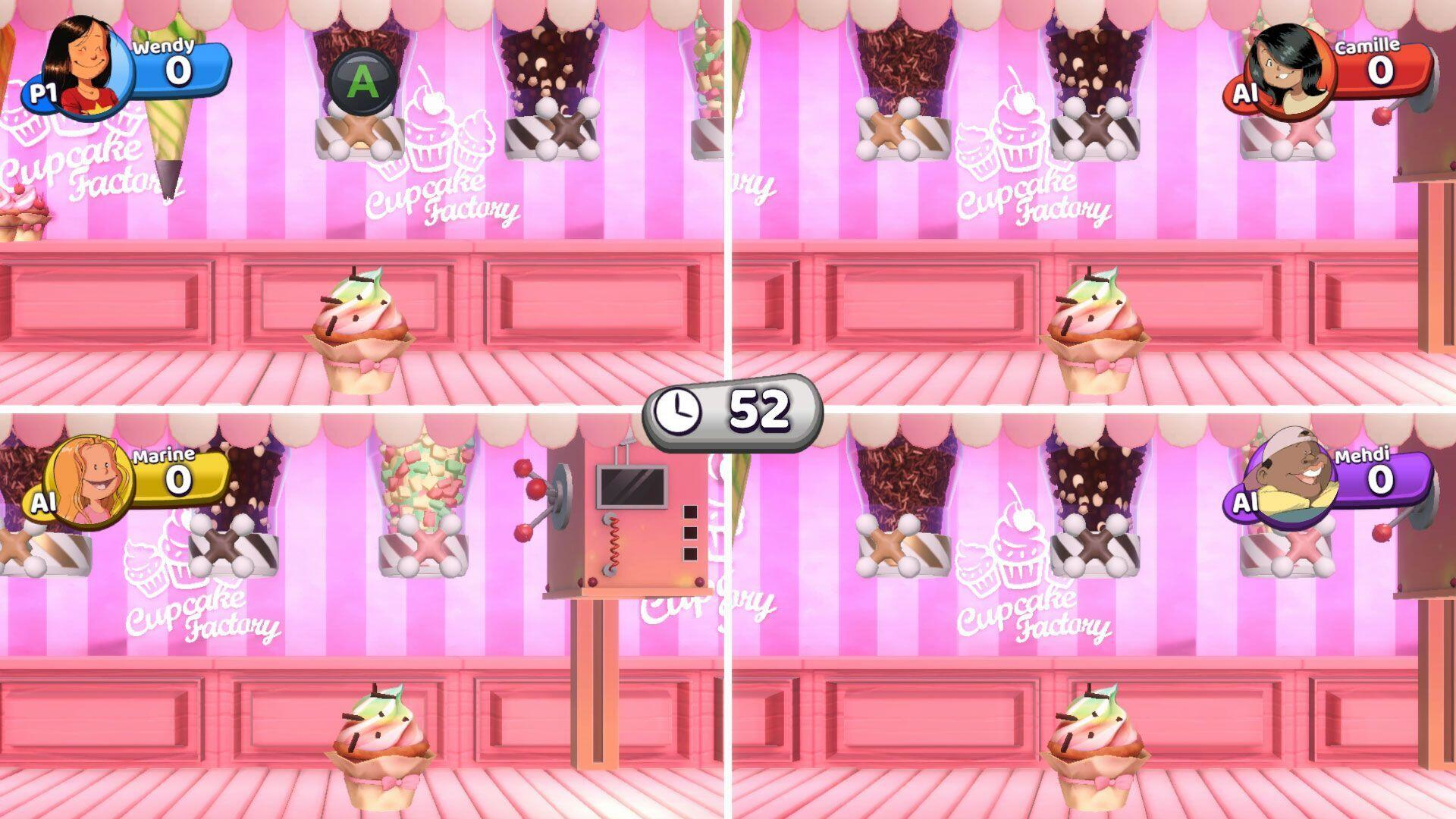Spielbildschirm: Vier Spieler, Cupcakes. Rosa Hintergrund, Timer 52. Spieler: Wendy, Camille, Marine und Mehdi.
