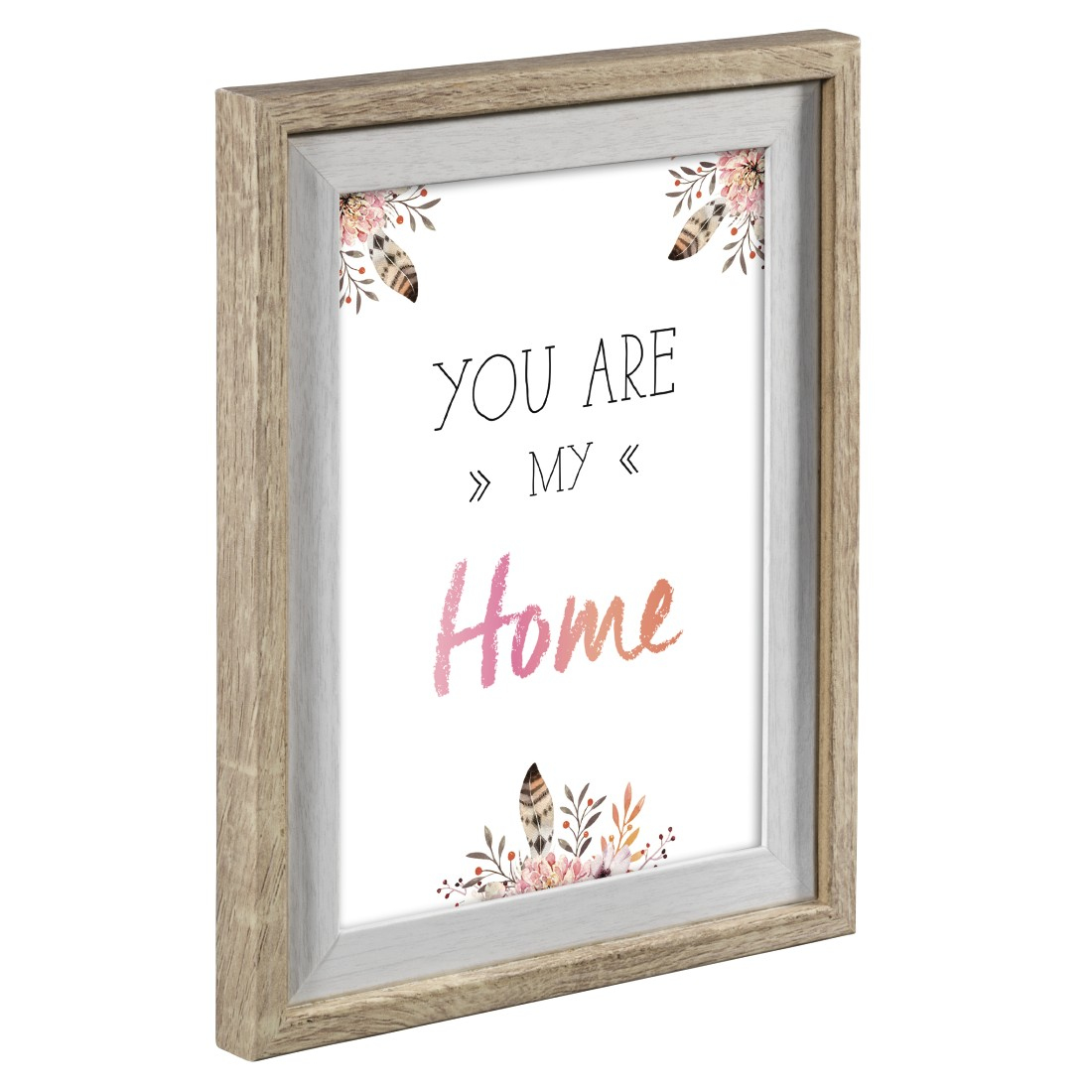 Ramka ze zdjęciem z tekstem 'YOU ARE MY HOME'. Ozdoby kwiatowe i piórka. Drewniana rama.
