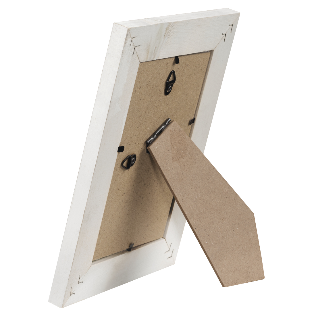 Cadre photo blanc, vue en angle. Dos et support avec carton marron. Crochets et clips.