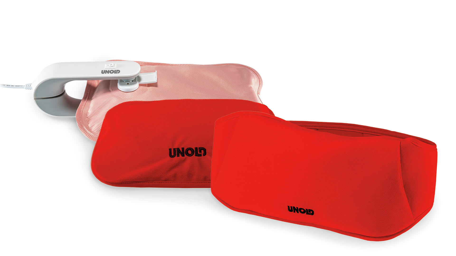 Różowe i czerwone poduszki grzewcze UNOLD. Jedna jest na czerwonej.