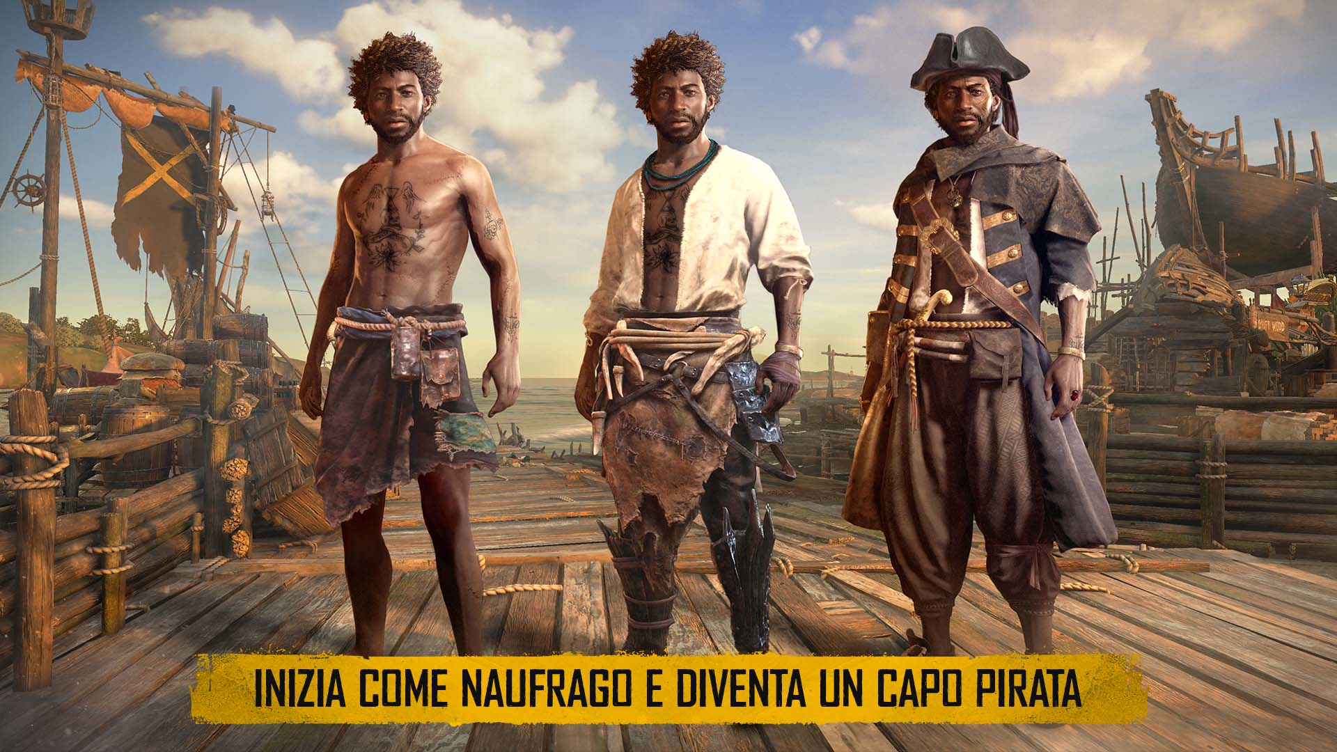 Trzy postacie stoją na pomoście. Tekst mówi: "INITIA COME NAUFRAGO E DIVENTA UN CAPO PIRATA".