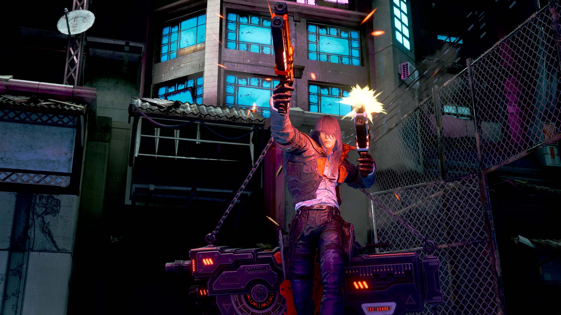 Mężczyzna z bronią w futurystycznym mieście, strzela. Budynki i płot w tle.