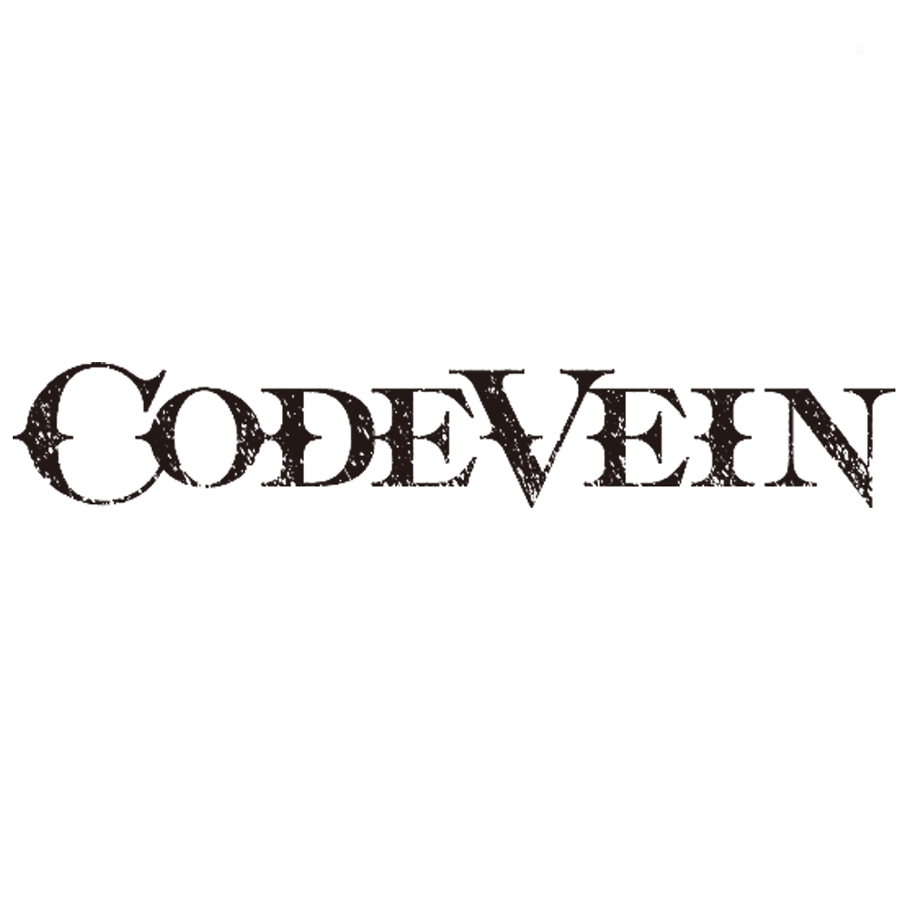 Tytuł "CODE VEIN" w postarzonej czcionce na białym tle.