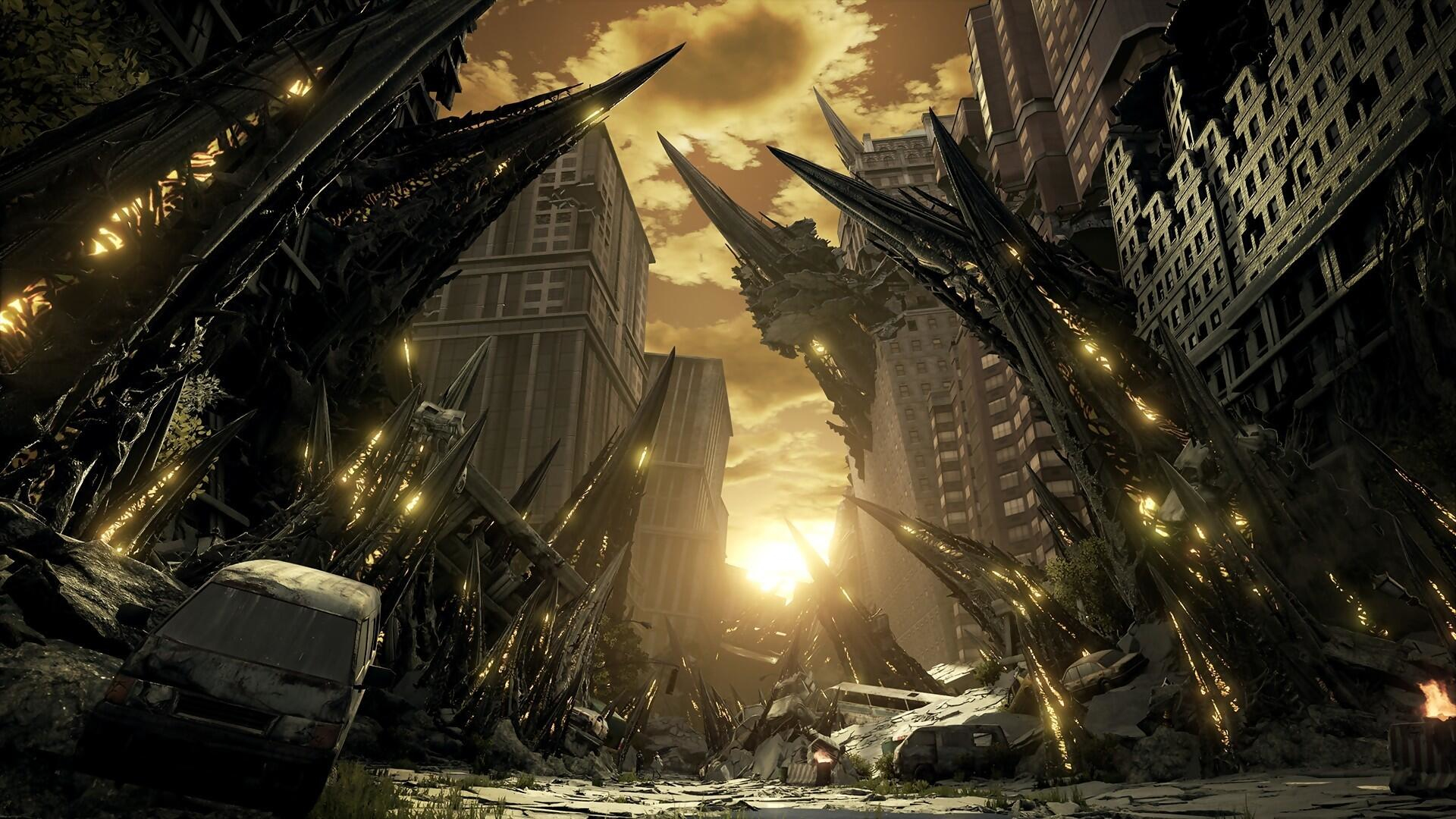 Eine zerstörte Stadt bei Sonnenuntergang, mit zerstörten Gebäuden und Vegetation, die sie umgibt.