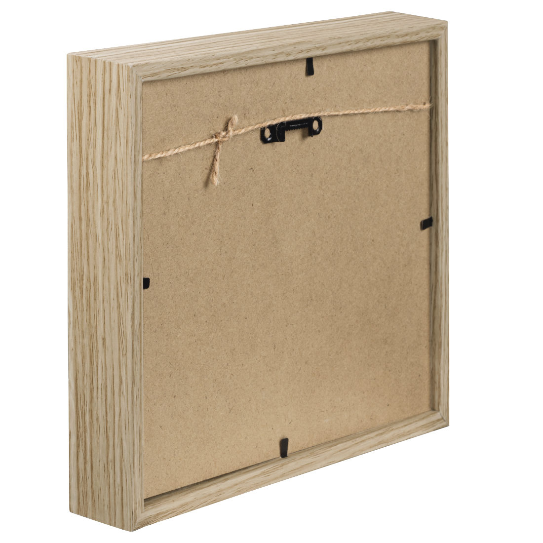 Drewniana ramka, widok z tyłu, pokazujący sznurek i mechanizmy do trzymania zdjęcia.