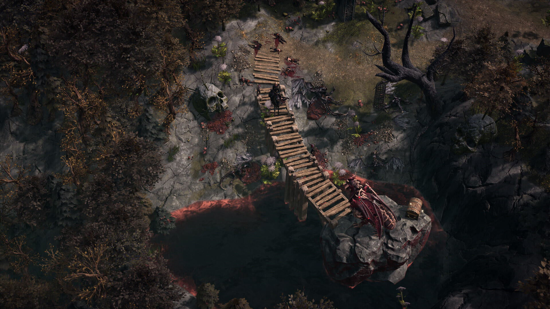 Widok z góry na mroczną scenę fantasy z mostem, rzeką i drzewami.