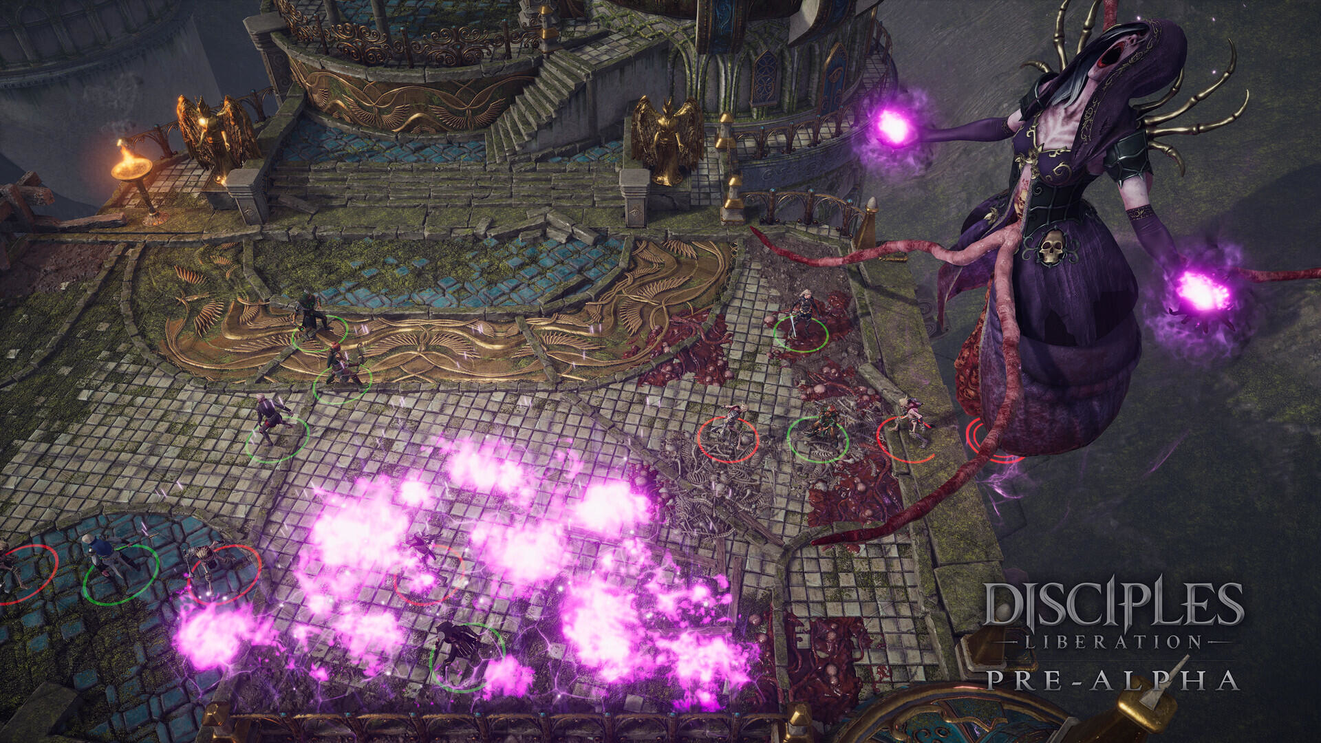 Scena z gry z żeńską postacią, potworami i dużym bossem.