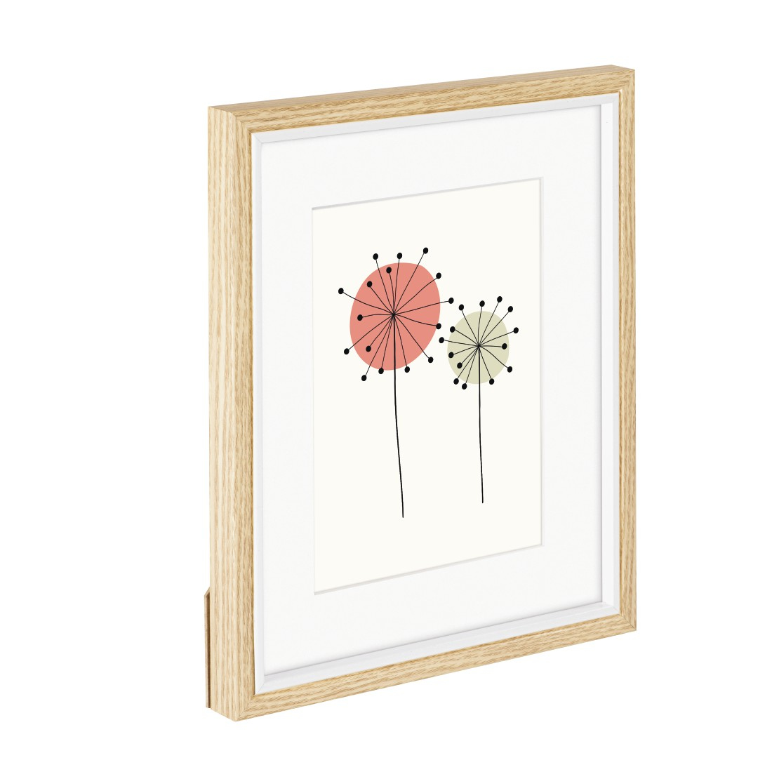Ein gerahmter Kunstdruck von stilisierten Blumen auf weißem Hintergrund.