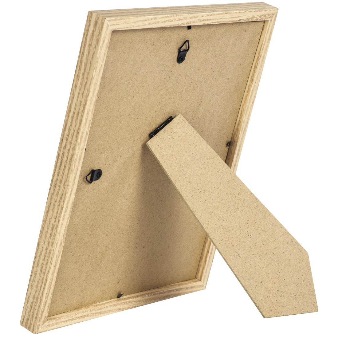 Rückansicht eines Holzbilderrahmen mit Ständer. Die Rückseite ist Pappe.
