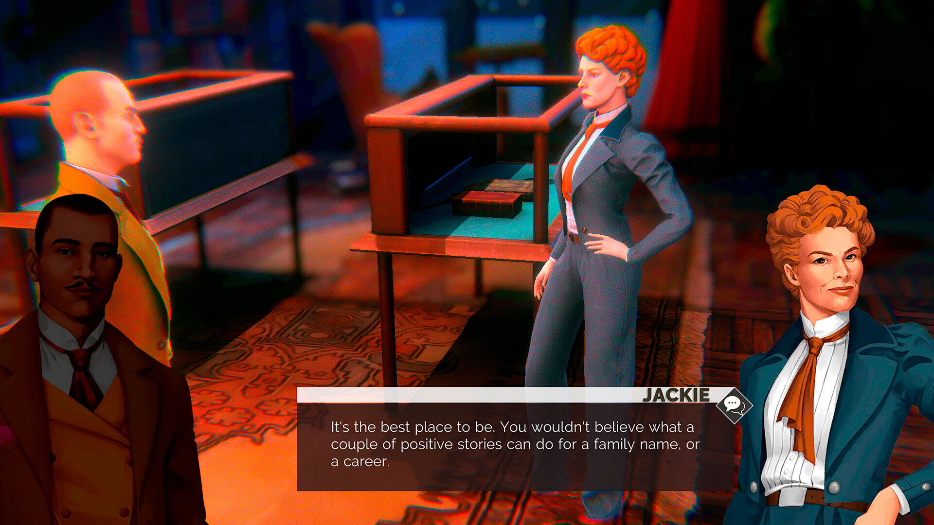 Una escena de un juego con tres personajes. Jackie está hablando. Burbuja de texto visible.