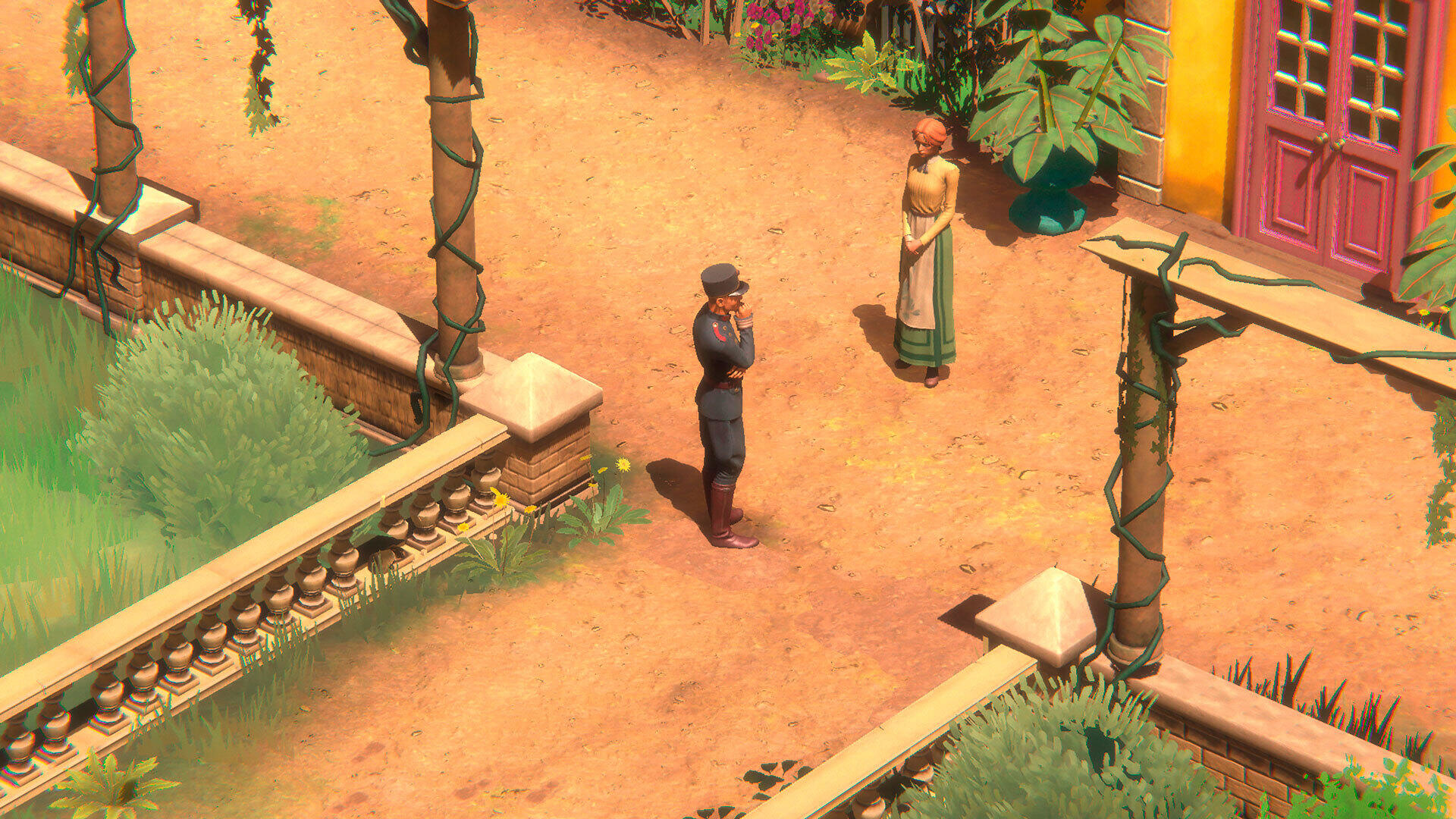Dos figuras conversan en un jardín, con un hombre uniformado.
