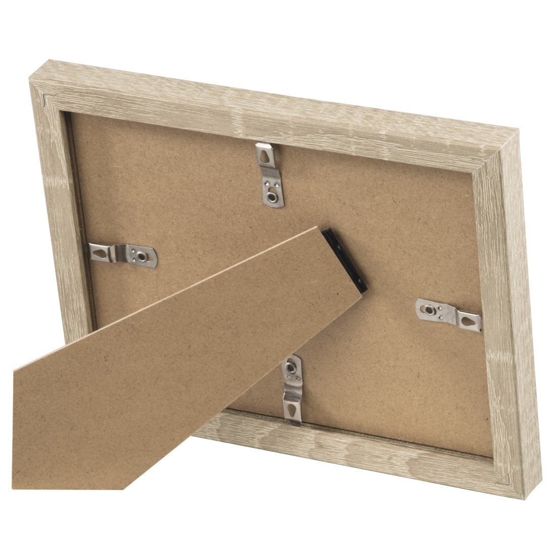 Rückansicht eines Holzbilderrahmens mit brauner Kartonrückwand und Ständer.