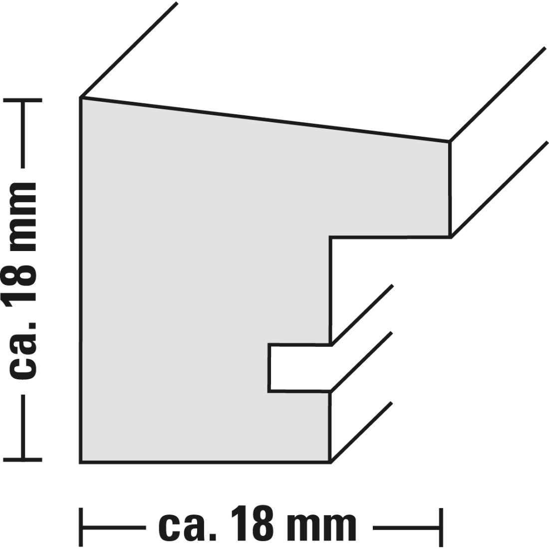 Ein Diagramm eines Rahmenprofils mit Abmessungen. Es ist grau mit schwarzen Umrissen.