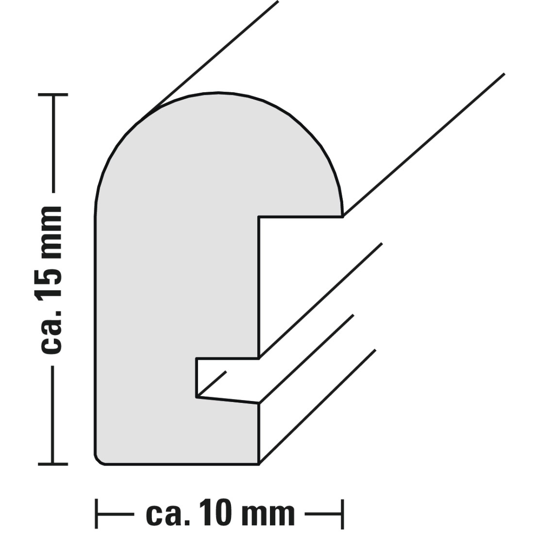 Ein Diagramm eines Rahmenprofils mit Abmessungen. Es ist grau mit schwarzen Umrissen.