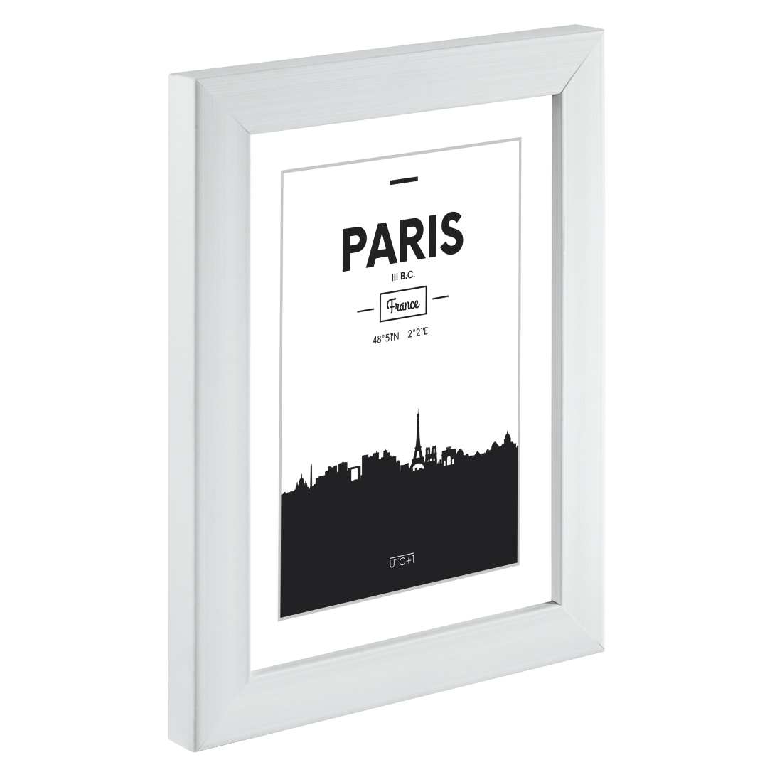 Weißer Bilderrahmen mit einem Schwarz-Weiß-Bild von Paris, Frankreich. Skyline der Stadt.