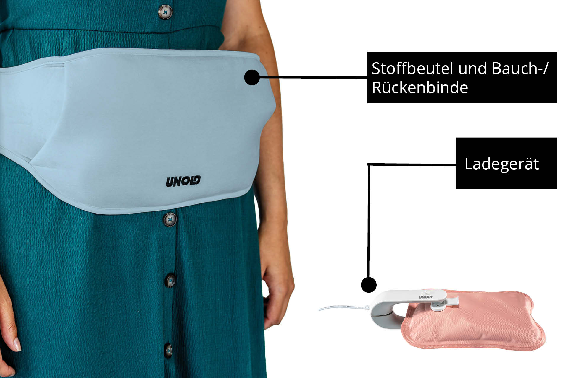 Kobieta nosząca błękitną poduszkę grzewczą. Pokazano również urządzenie ładujące.