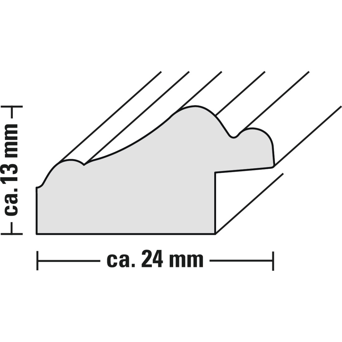 Querschnitt eines Bilderrahmens; Maße sind 13 mm x 24 mm; graue Farbe.