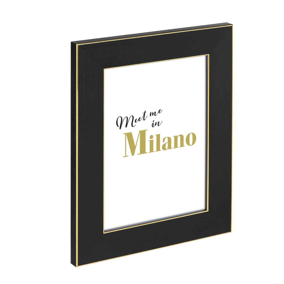 Czarna rama ze słowami 'Meet me in Milano' w złotym tekście.